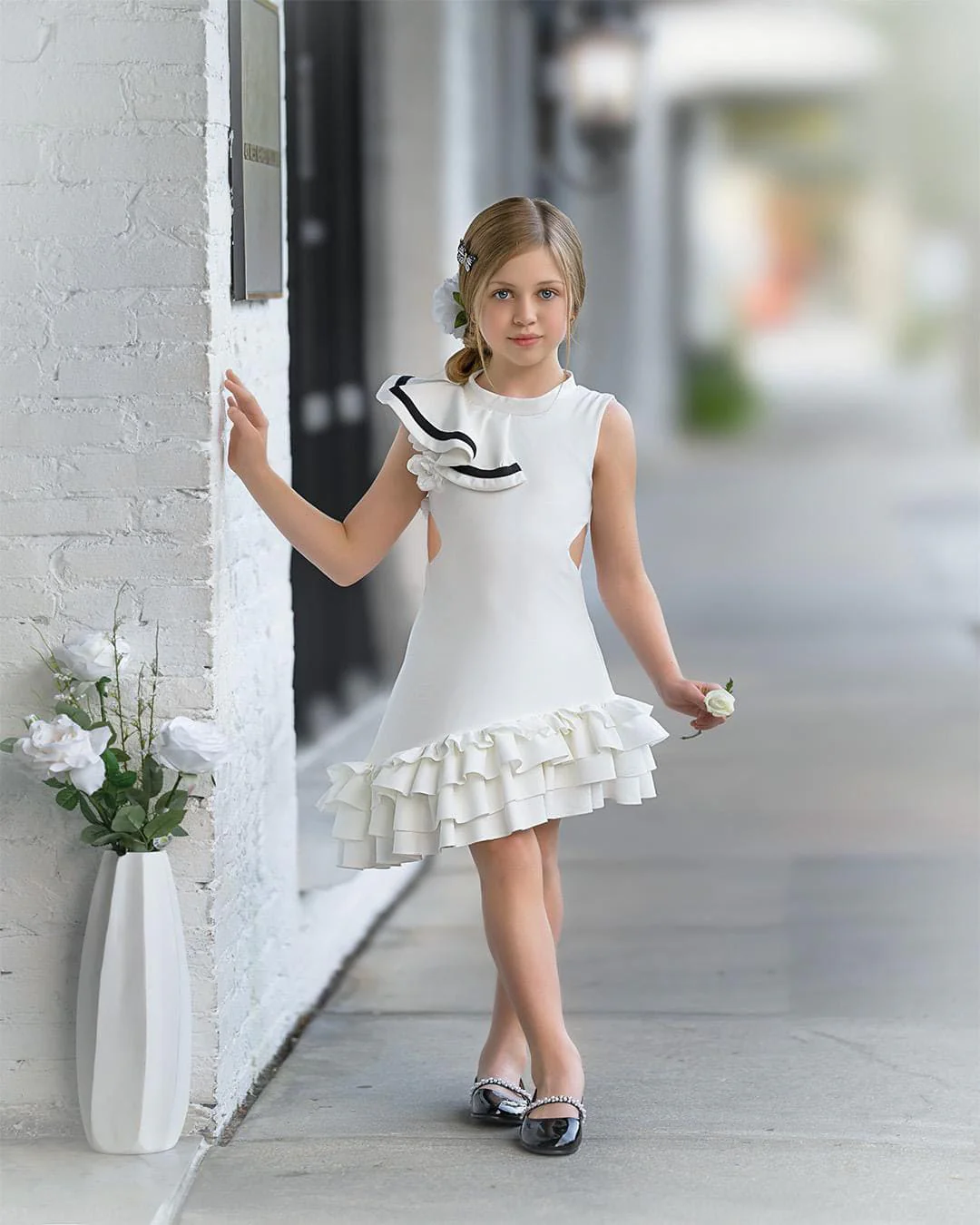 Alex White Ruffle Dress with Black Contrast Line - Image 6