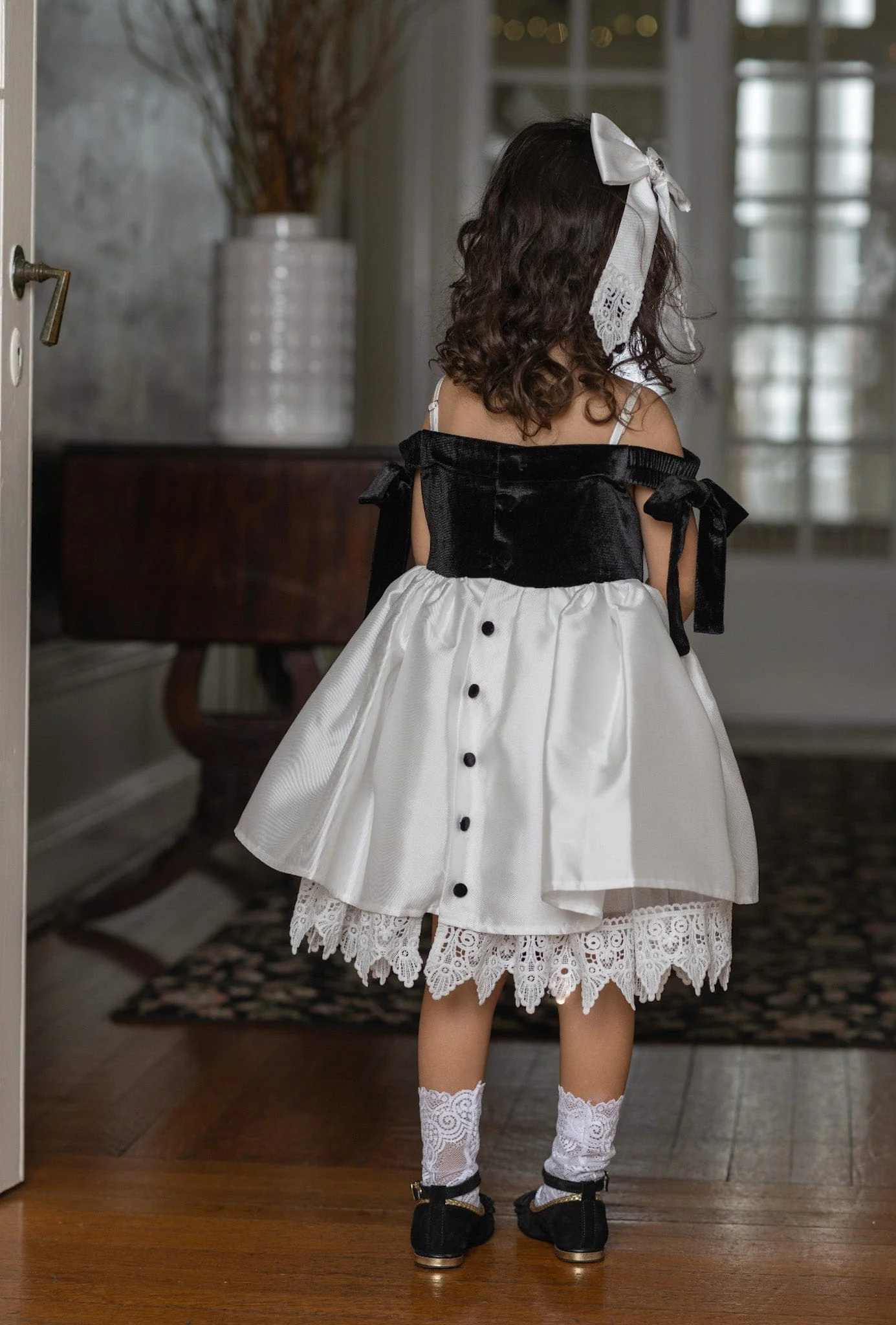 Audrey Black Velour Top and White Sateen Dress - Image 10