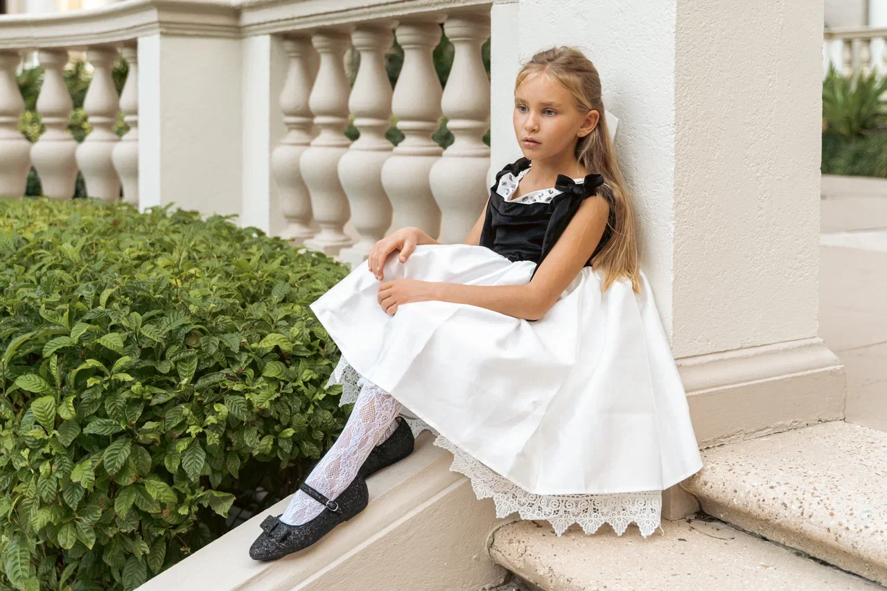 Audrey Black Velour Top and White Sateen Dress - Image 12