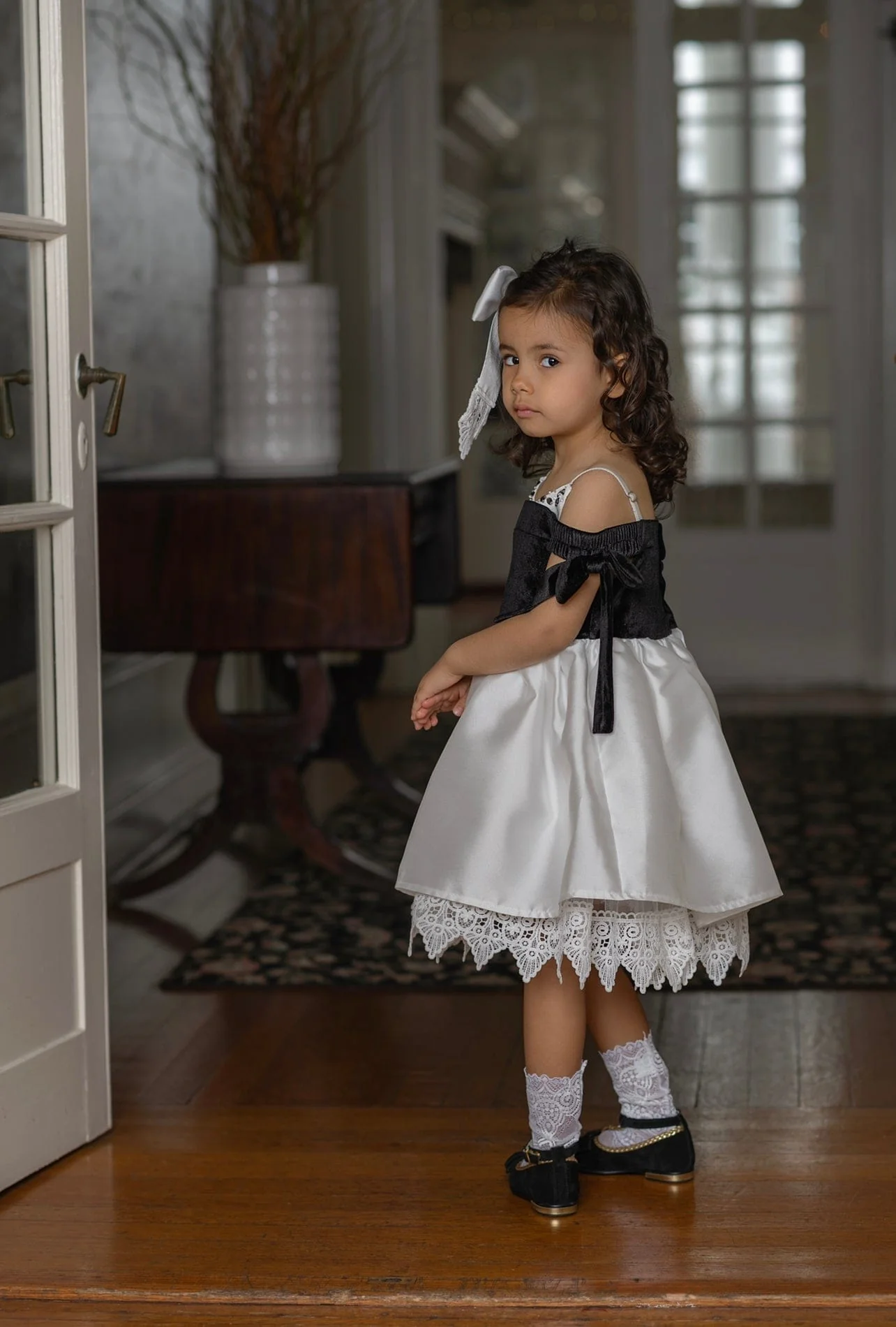 Audrey Black Velour Top and White Sateen Dress - Image 9