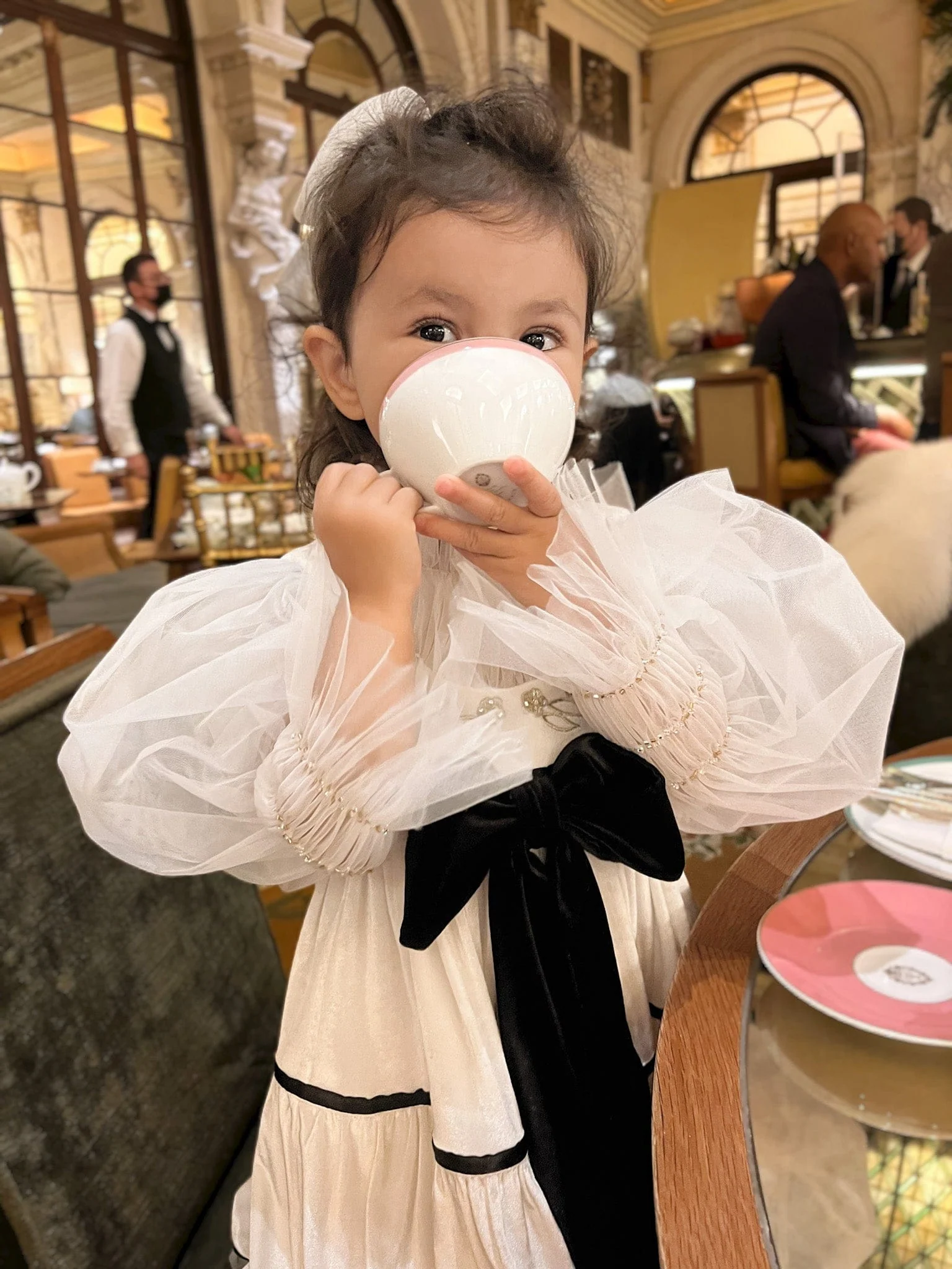 Aurora Ivory Velour Dress with Tulle Puff Sleeves - Image 15