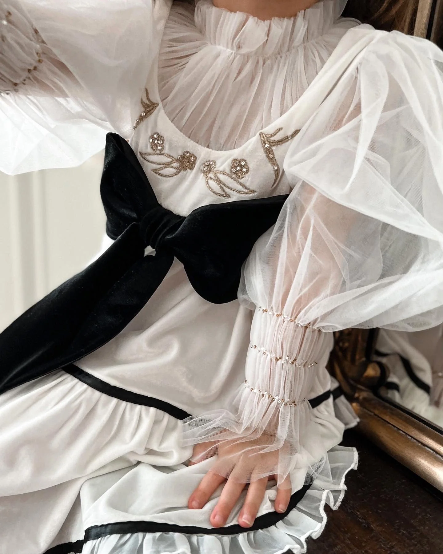 Aurora Ivory Velour Dress with Tulle Puff Sleeves - Image 16