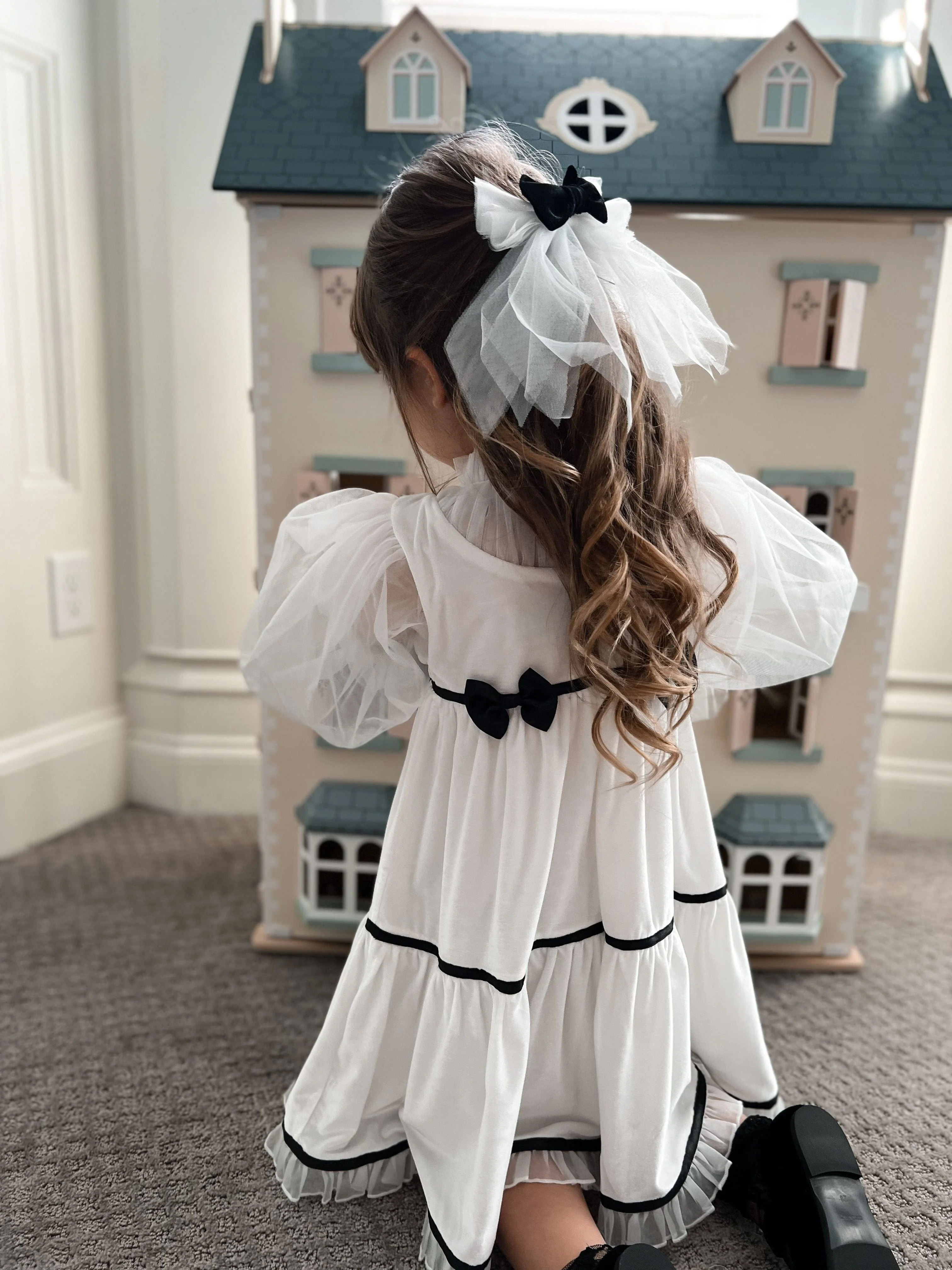 Aurora Ivory Velour Dress with Tulle Puff Sleeves - Image 17