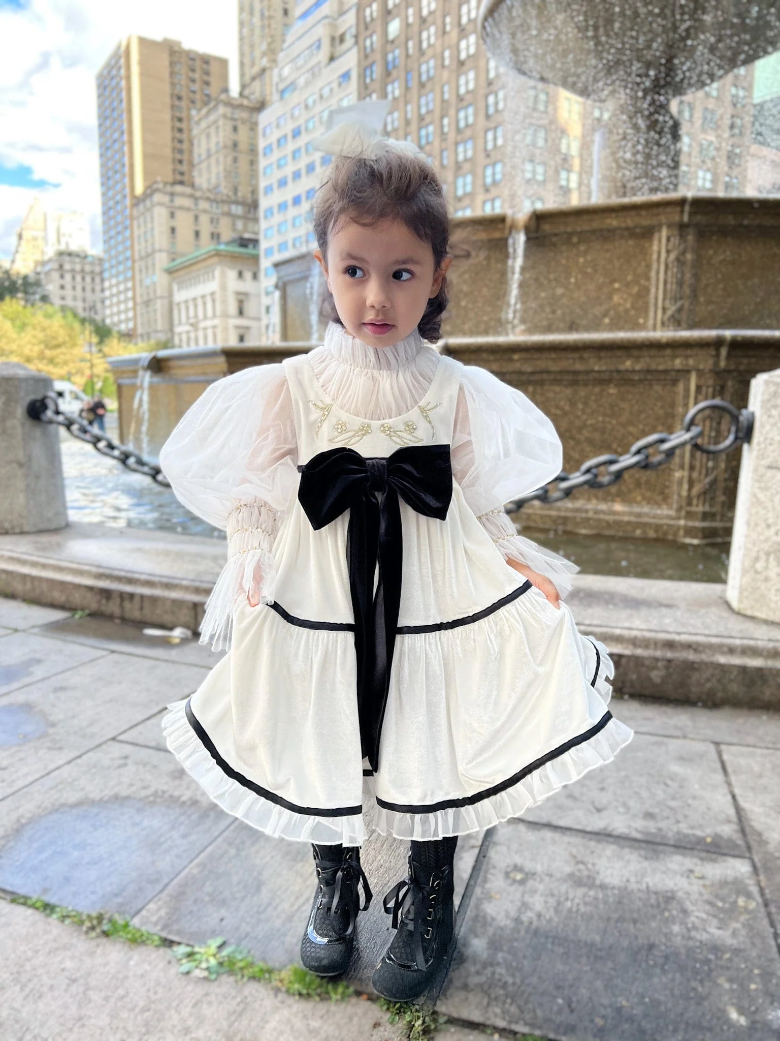 Aurora Ivory Velour Dress with Tulle Puff Sleeves - Image 3