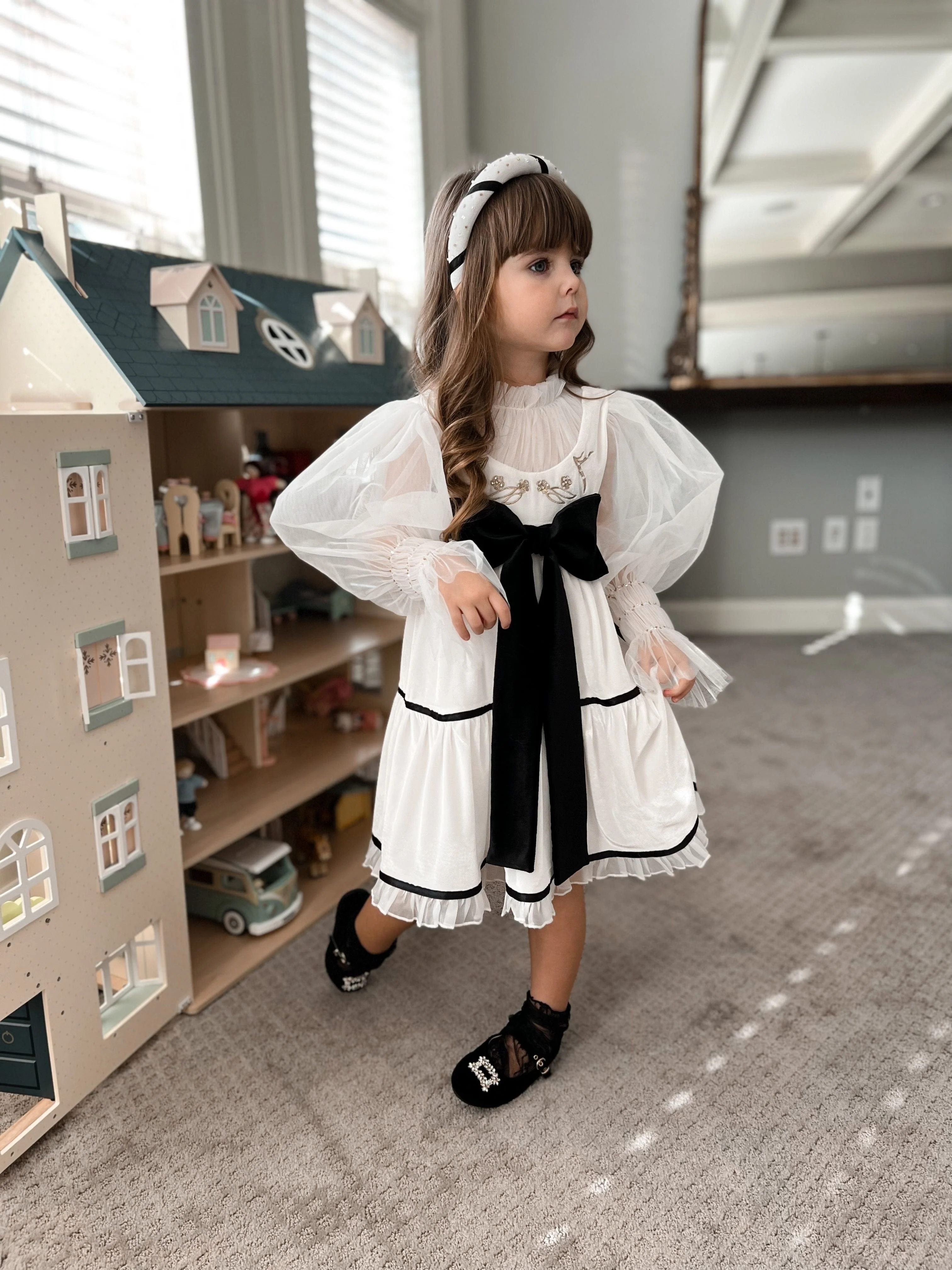 Aurora Ivory Velour Dress with Tulle Puff Sleeves - Image 4