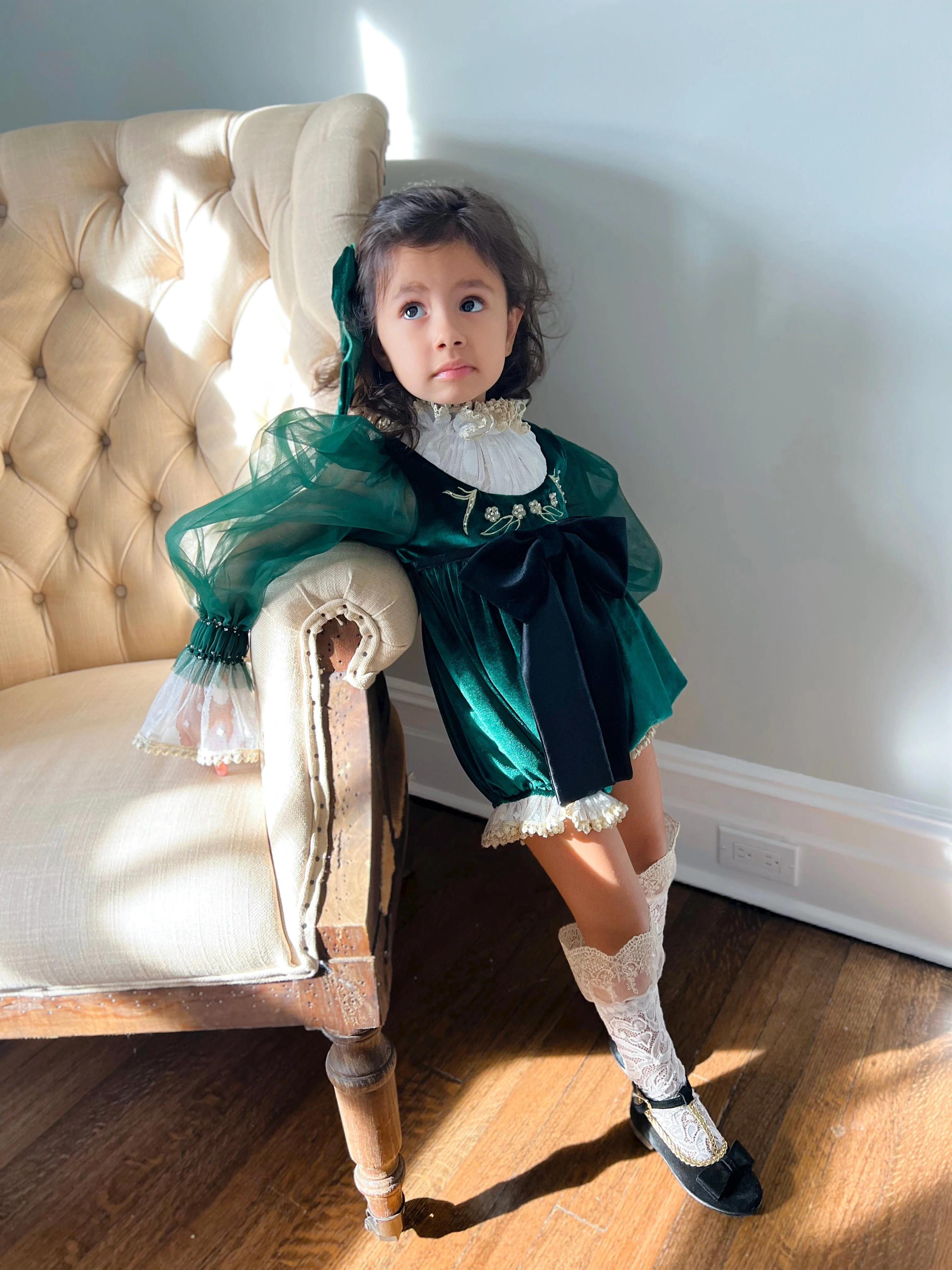 Aurora Royal Green Velour Romper - Image 6
