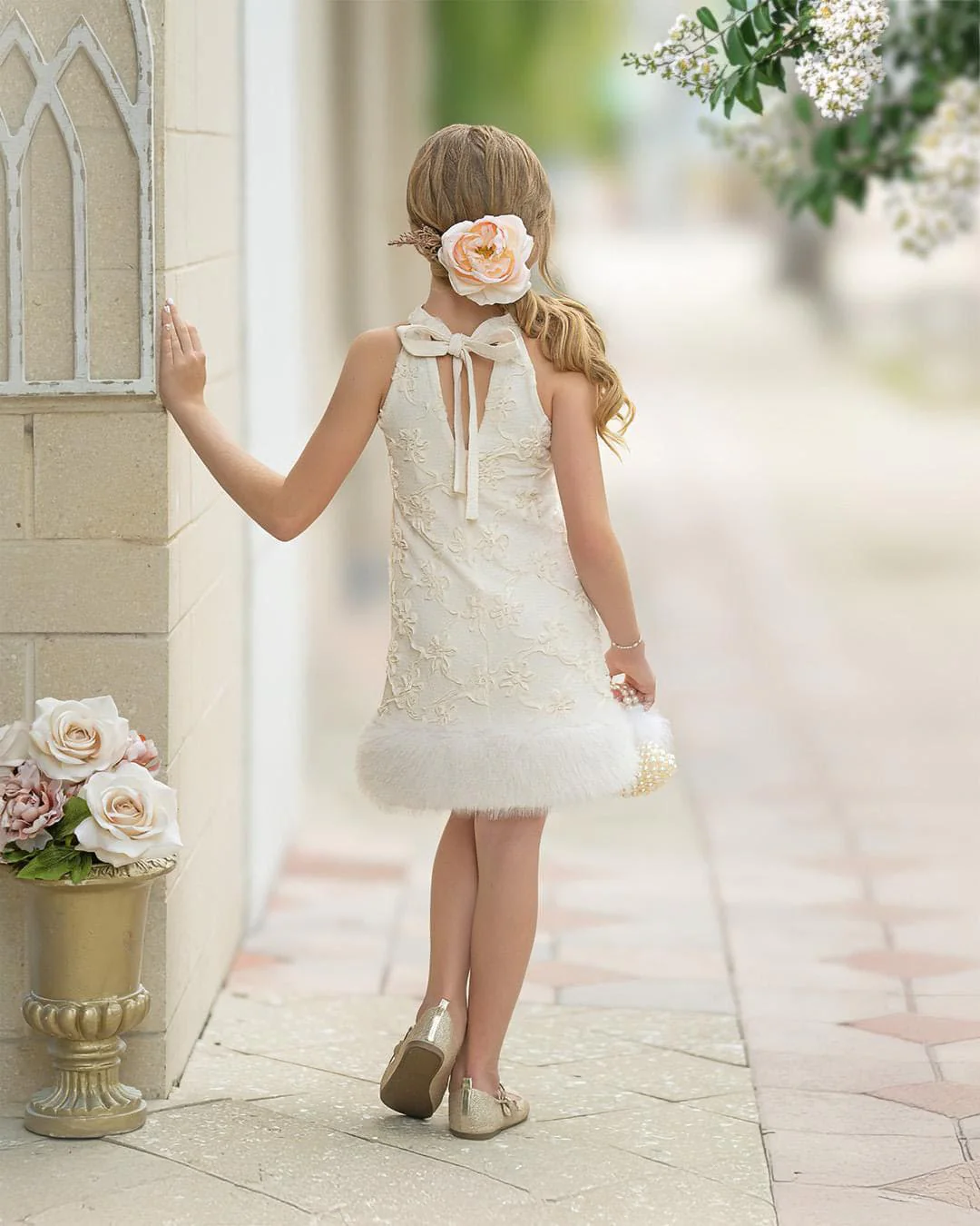 Ava Ivory Flower Faux Fur Dress - Image 3