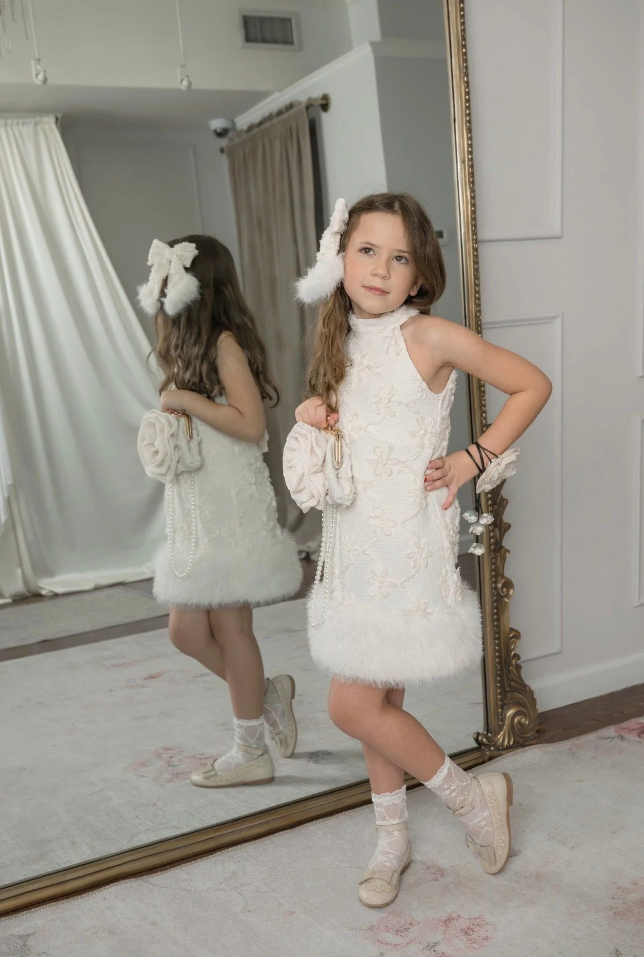 Ava Ivory Flower Faux Fur Dress - Image 4