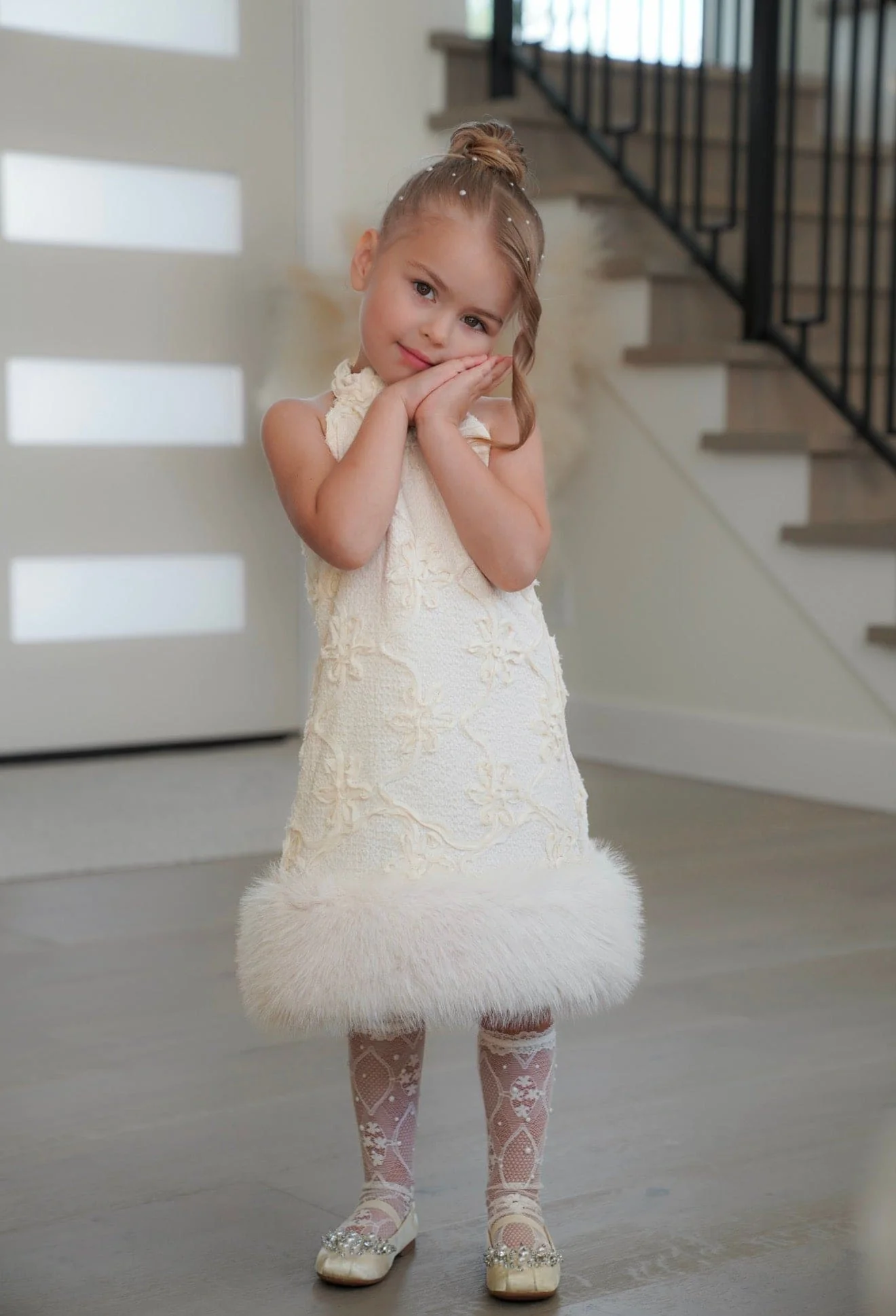 Ava Ivory Flower Faux Fur Dress - Image 7