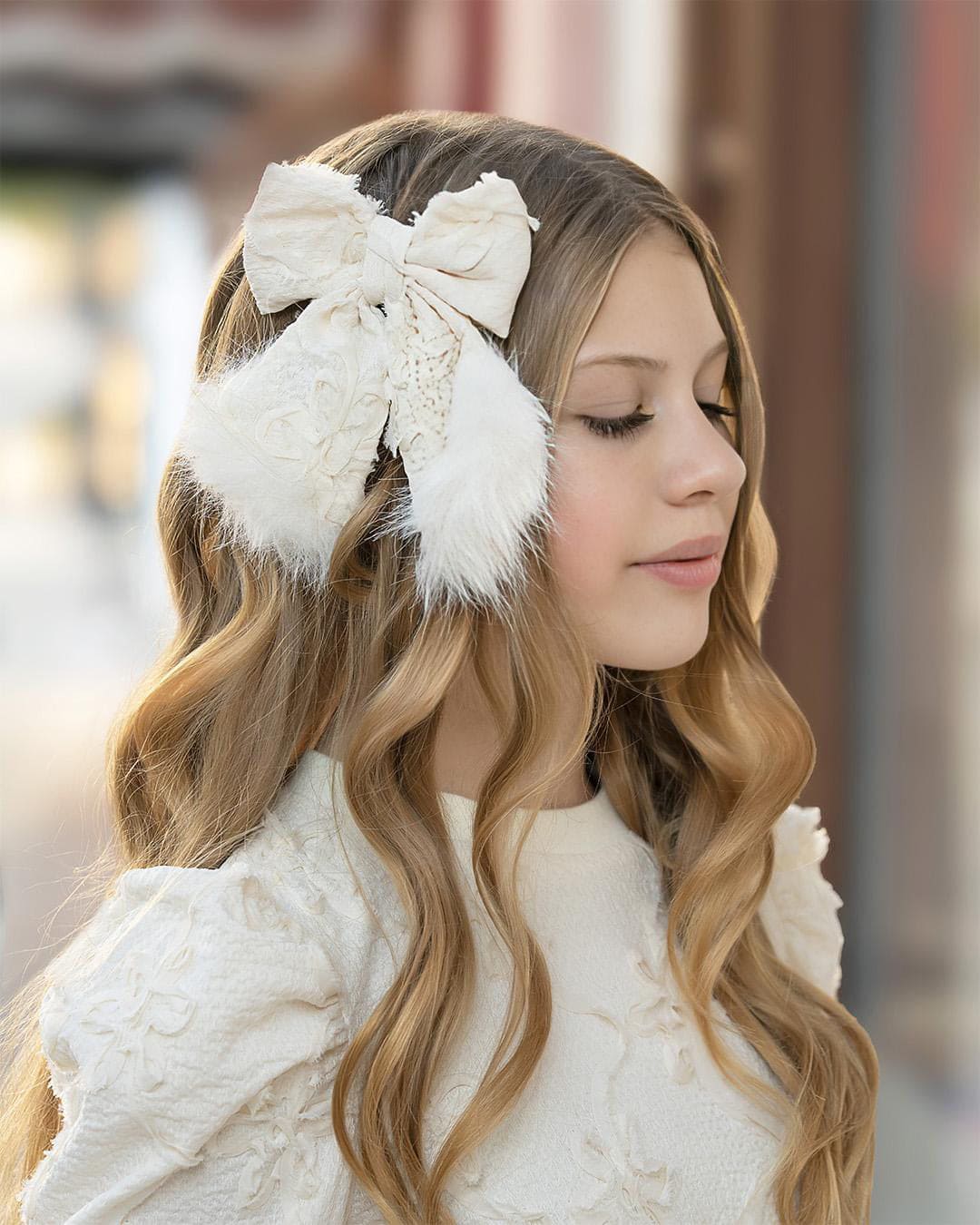 Ava Ivory Flower Hair Bow - Image 3
