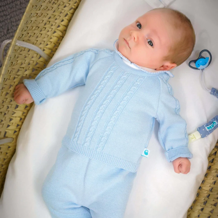 Baby Blue Cotton Knit Sweater and Pants Set - Image 2