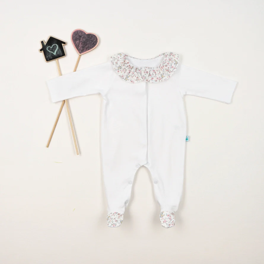 Baby White Cotton Babygrow with Liberty Print Ruffle Collar - Image 2