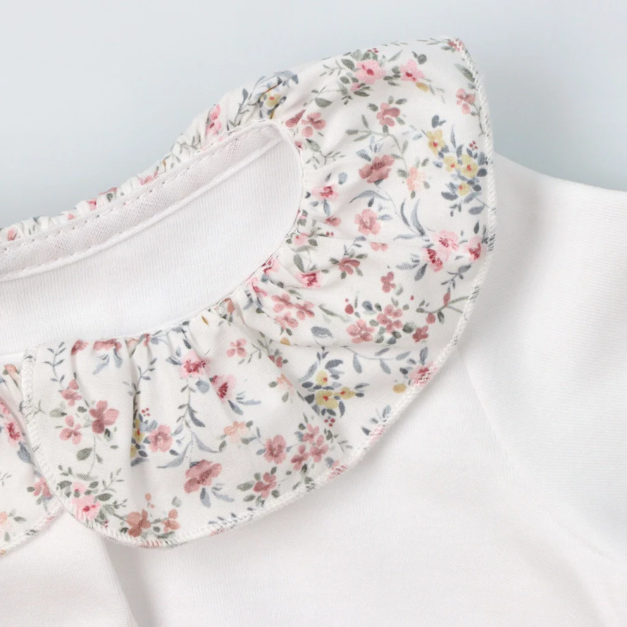 Baby White Cotton Babygrow with Liberty Print Ruffle Collar - Image 3