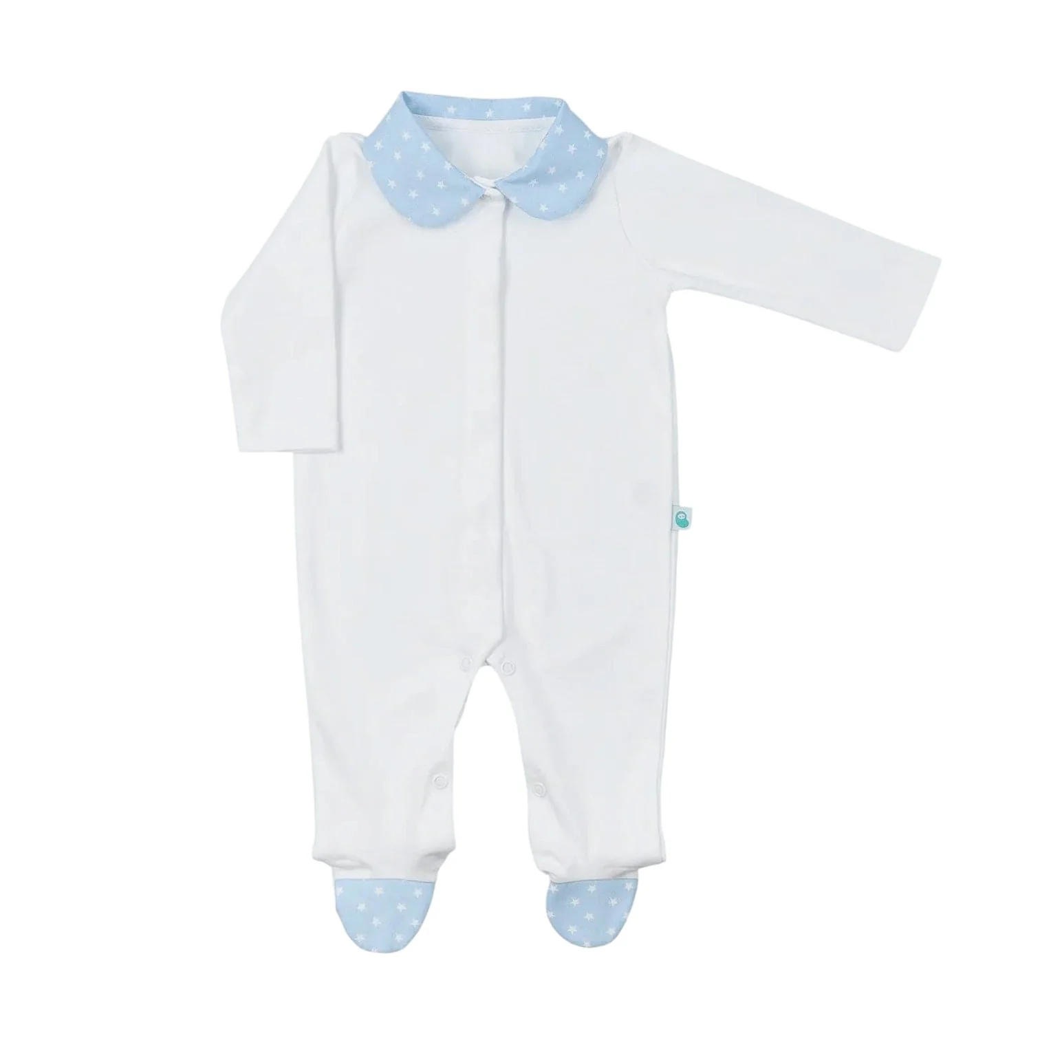 White Cotton Babygrow with Blue Collar and Feet with Stars
