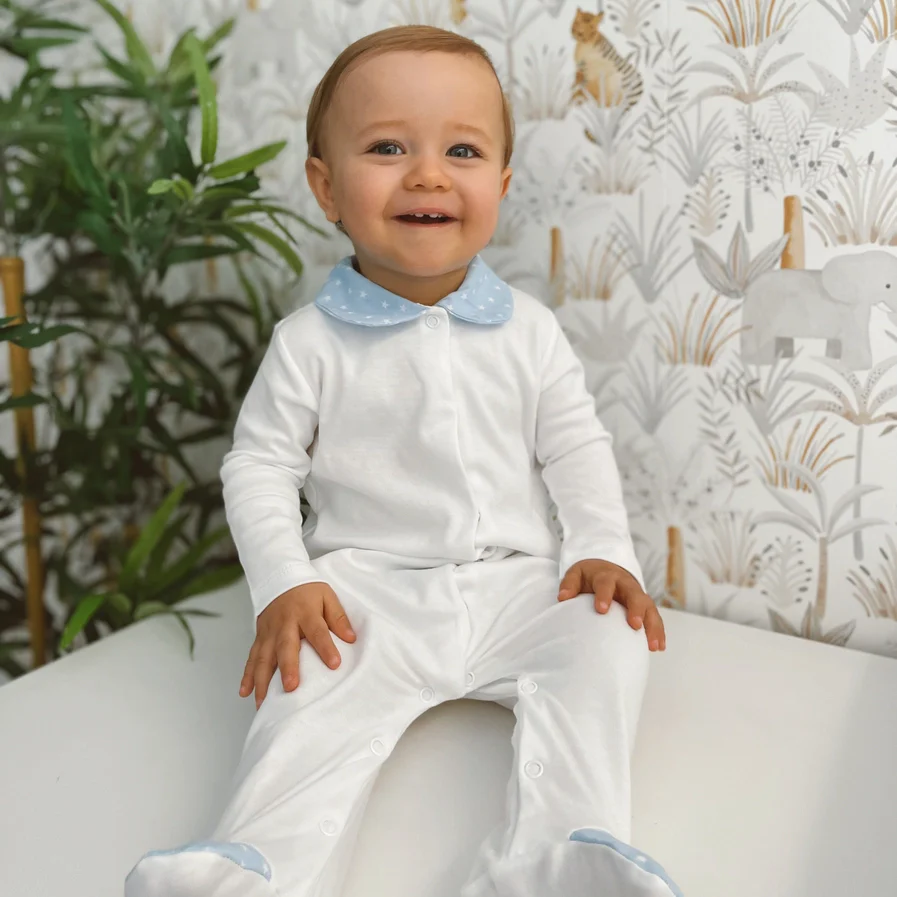 White Cotton Babygrow with Blue Collar and Feet with Stars - Image 2