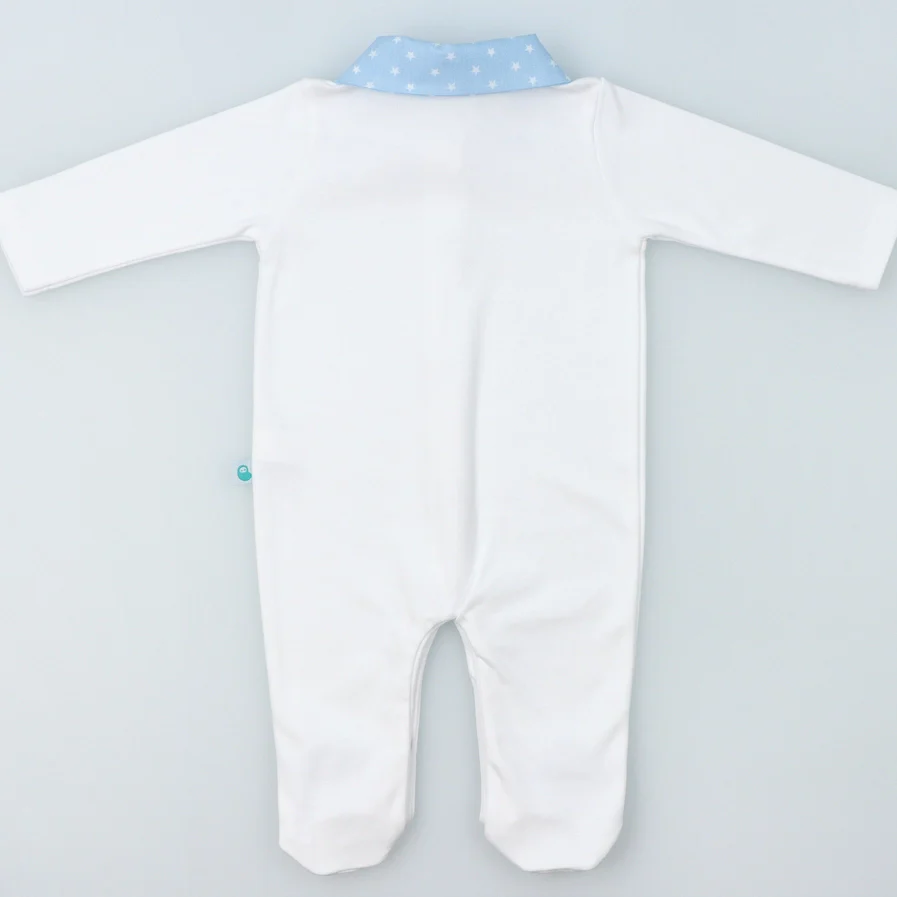 White Cotton Babygrow with Blue Collar and Feet with Stars - Image 3
