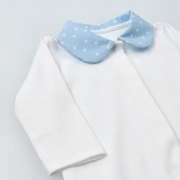 White Cotton Babygrow with Blue Collar and Feet with Stars - Image 4