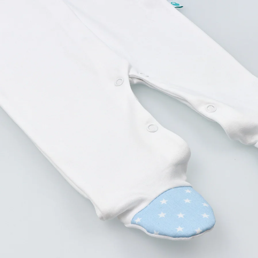 White Cotton Babygrow with Blue Collar and Feet with Stars - Image 5