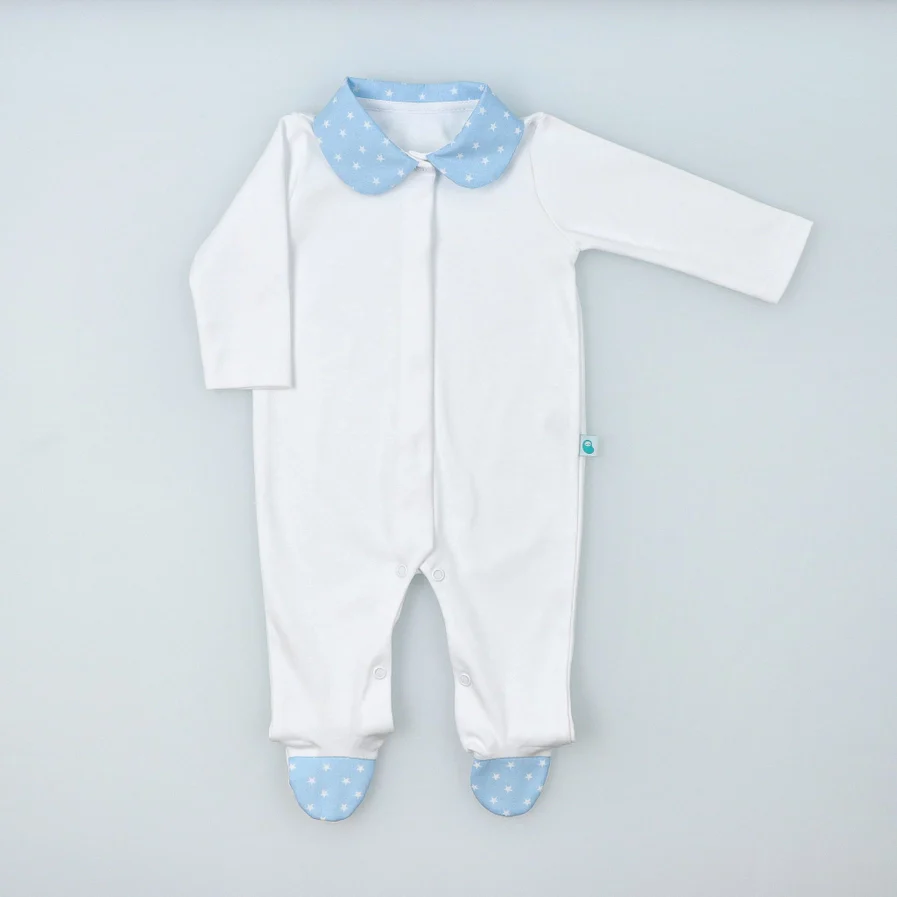 White Cotton Babygrow with Blue Collar and Feet with Stars - Image 6