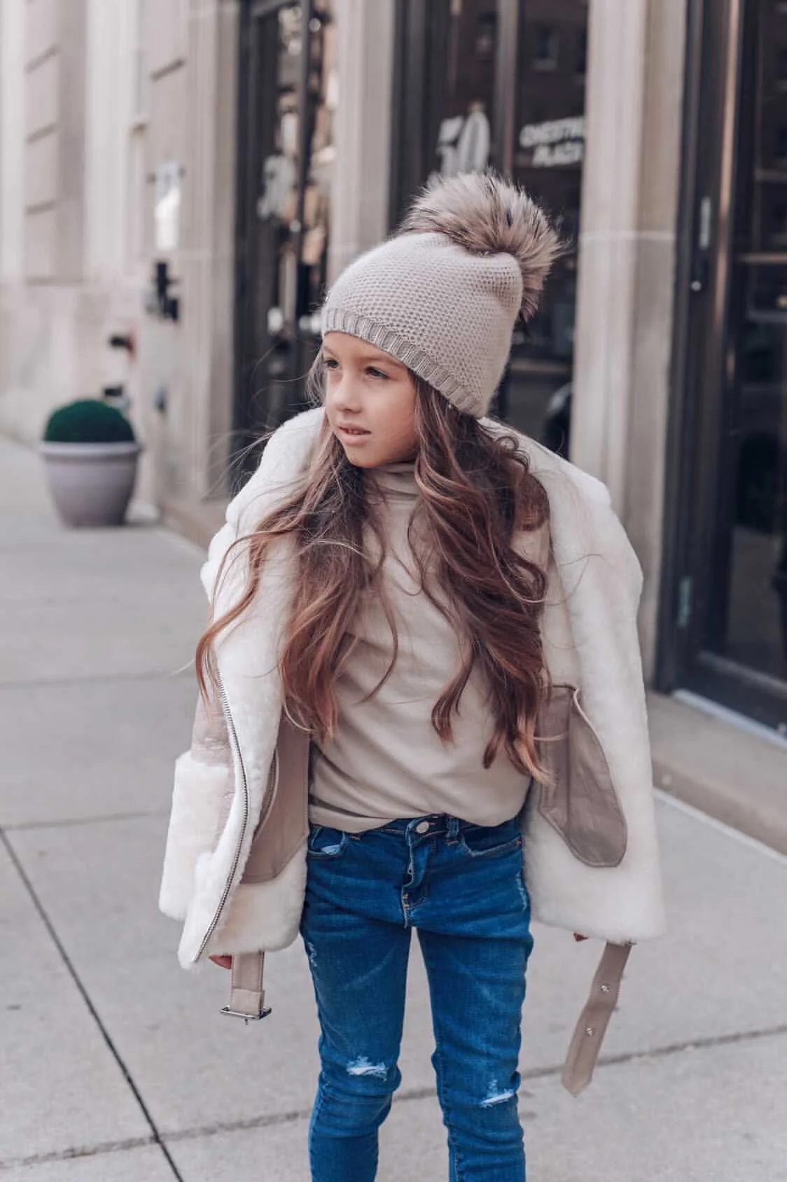 Honeycomb Beige Cashmere Beanie with Beige Pom - Image 2
