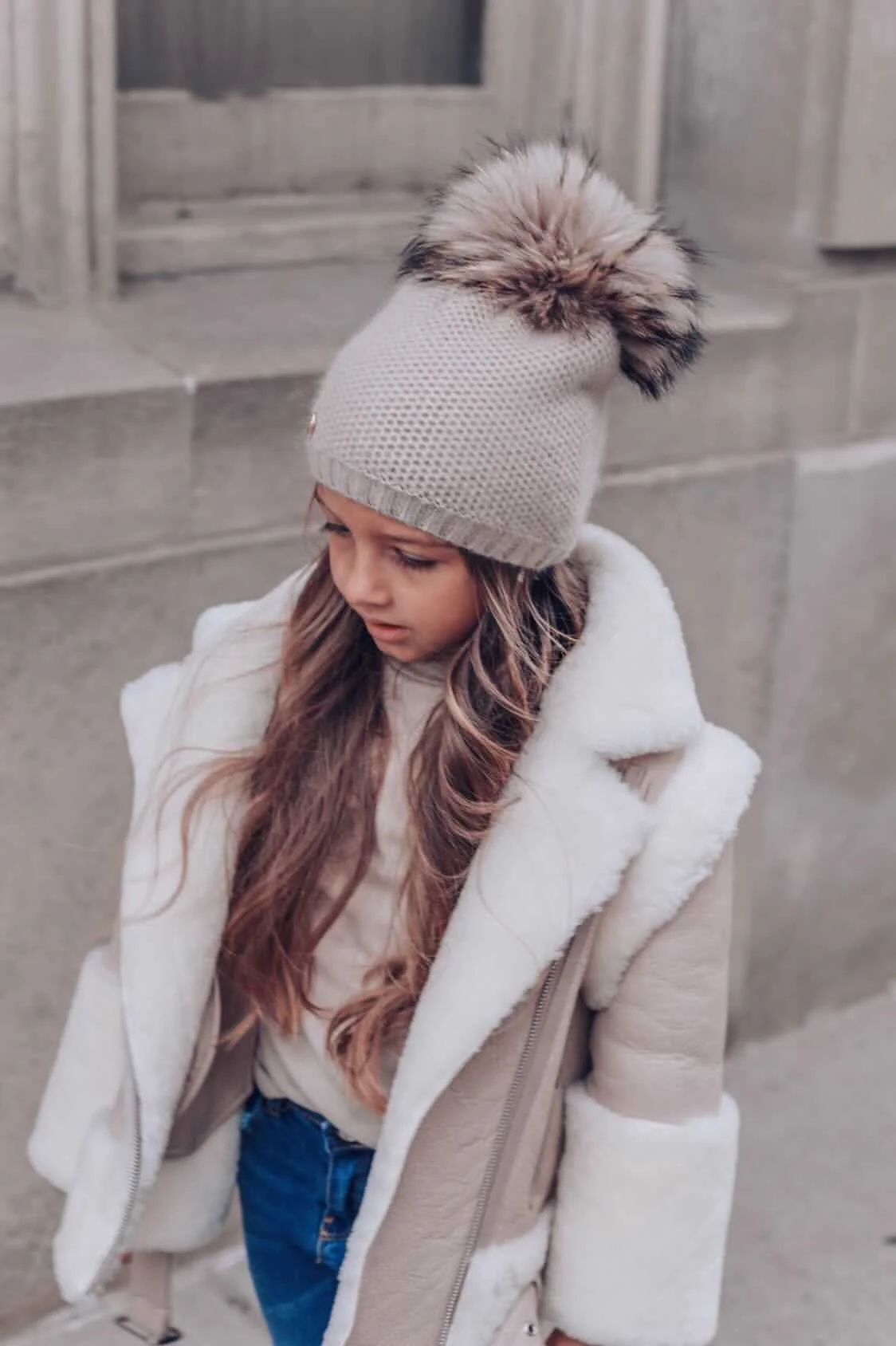 Honeycomb Beige Cashmere Beanie with Beige Pom - Image 3
