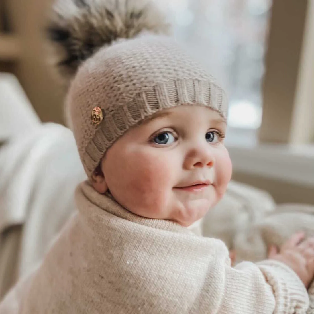 Honeycomb Beige Cashmere Beanie with Animal Print Poms - Image 2