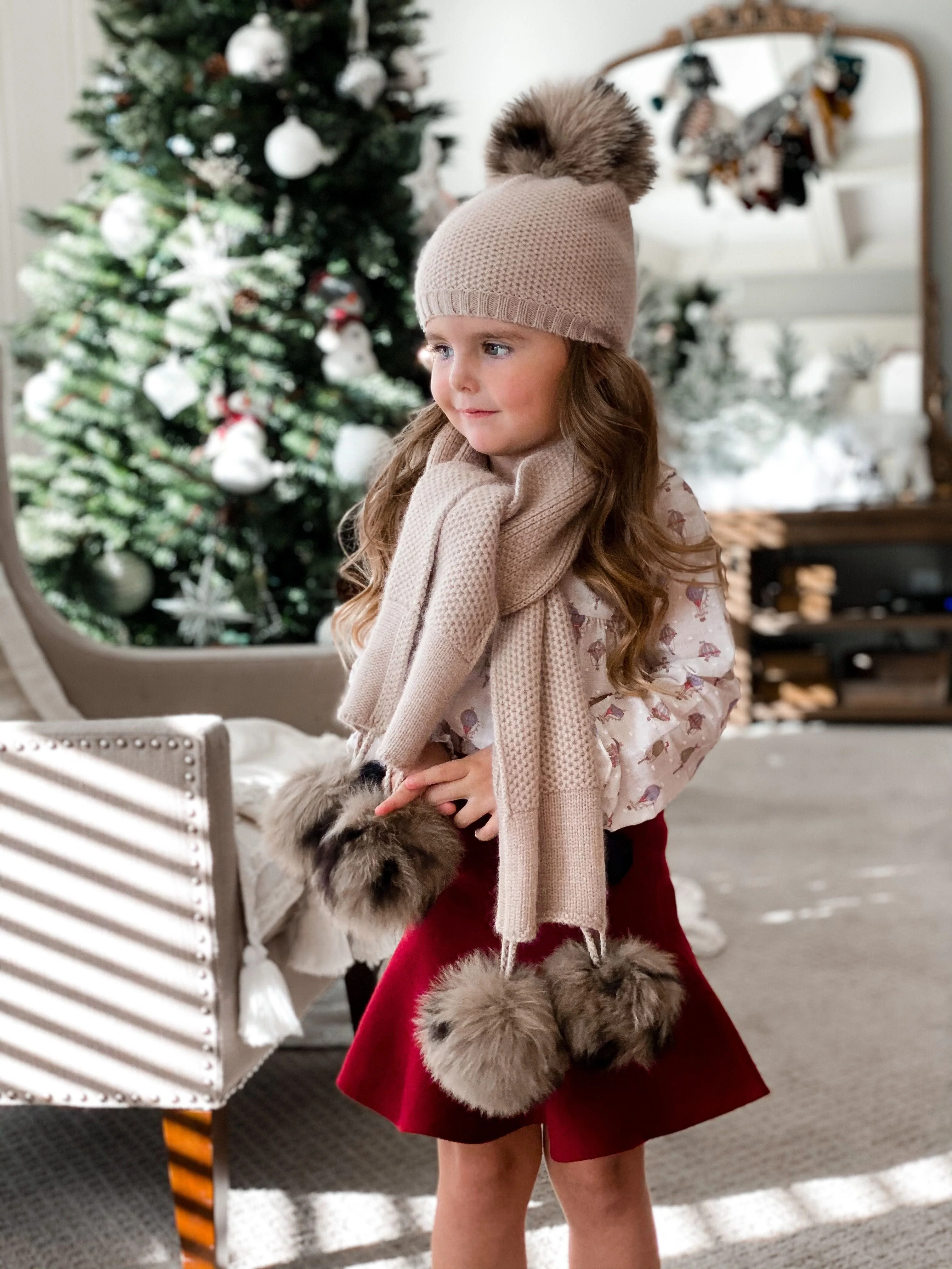 Honeycomb Beige Cashmere Beanie with Animal Print Poms - Image 3