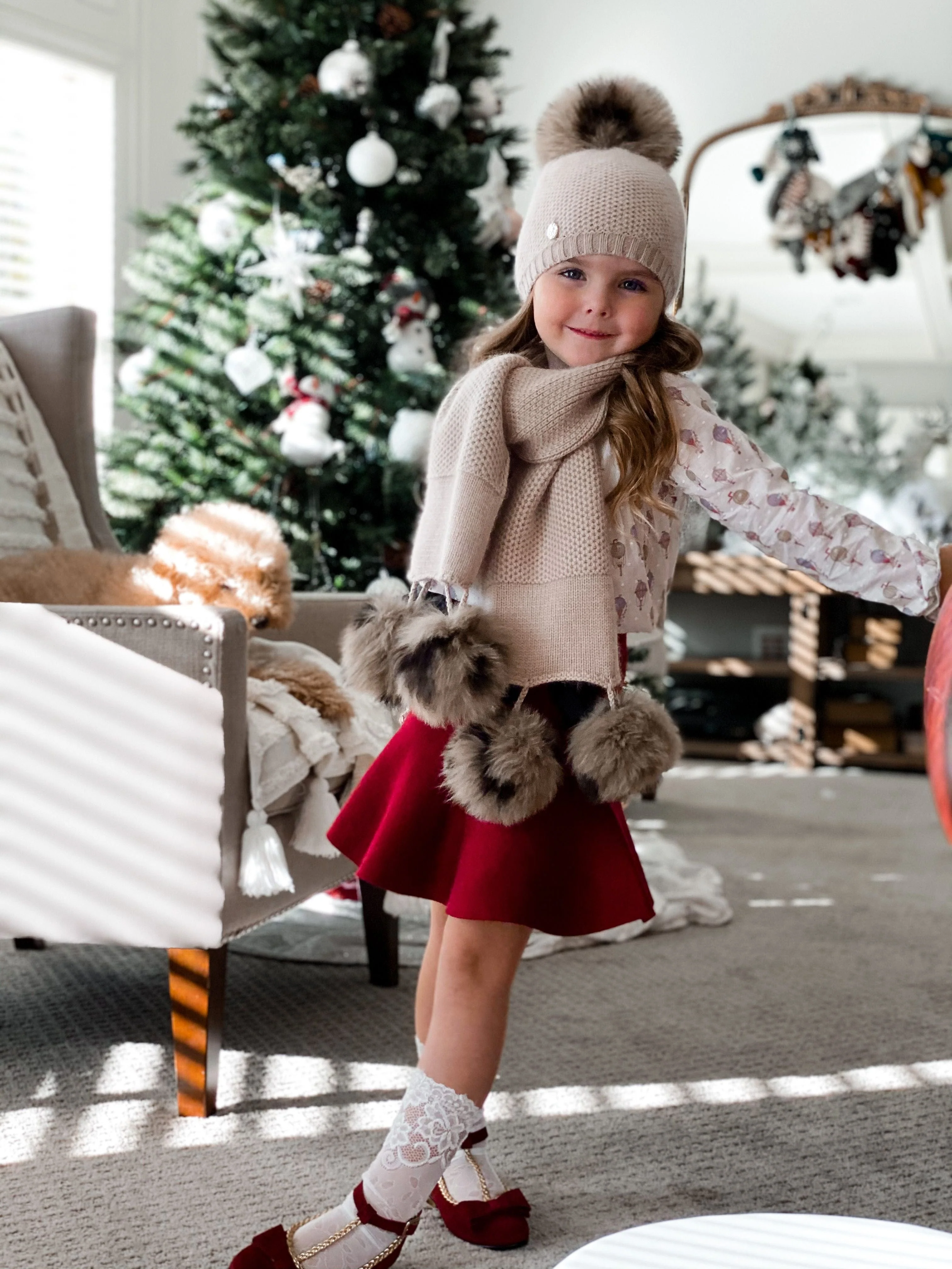 Honeycomb Beige Cashmere Beanie with Animal Print Poms - Image 5