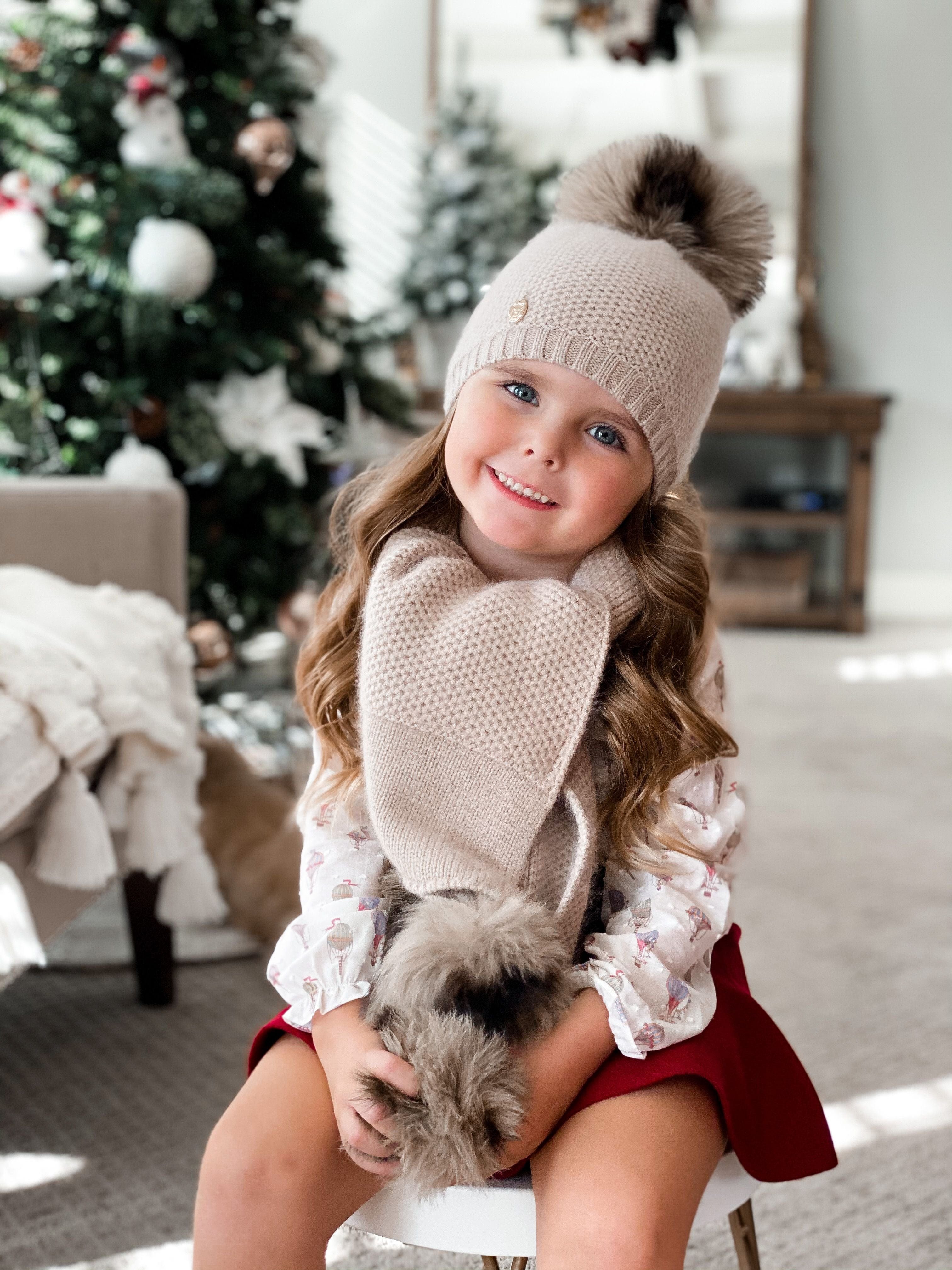 Honeycomb Beige Cashmere Beanie with Animal Print Poms - Image 6