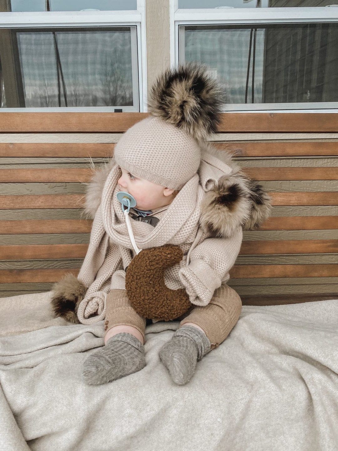 Honeycomb Beige Cashmere Beanie with Animal Print Poms - Image 8