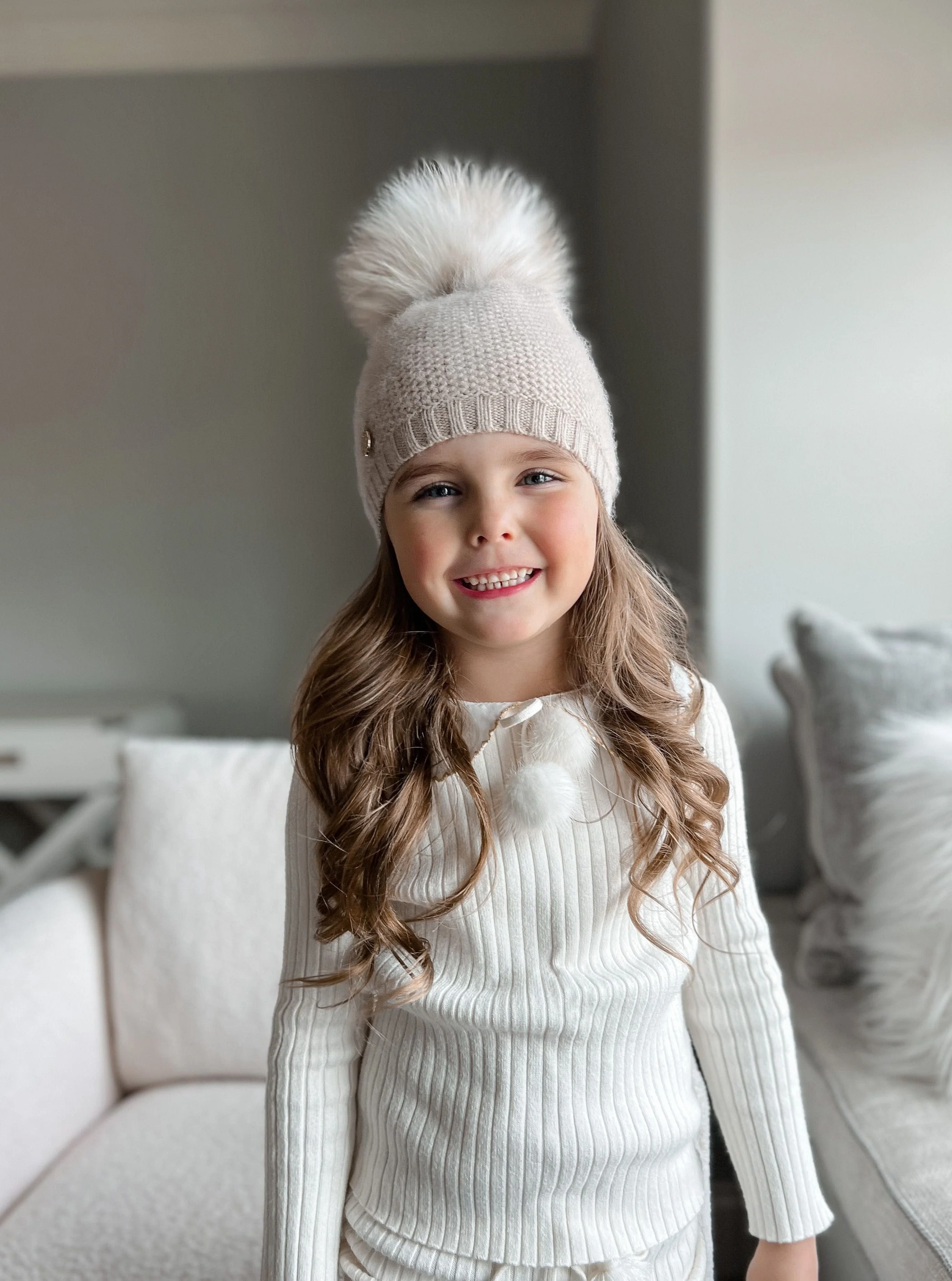 Honeycomb Beige Cashmere Beanie with White Print Pom - Image 2