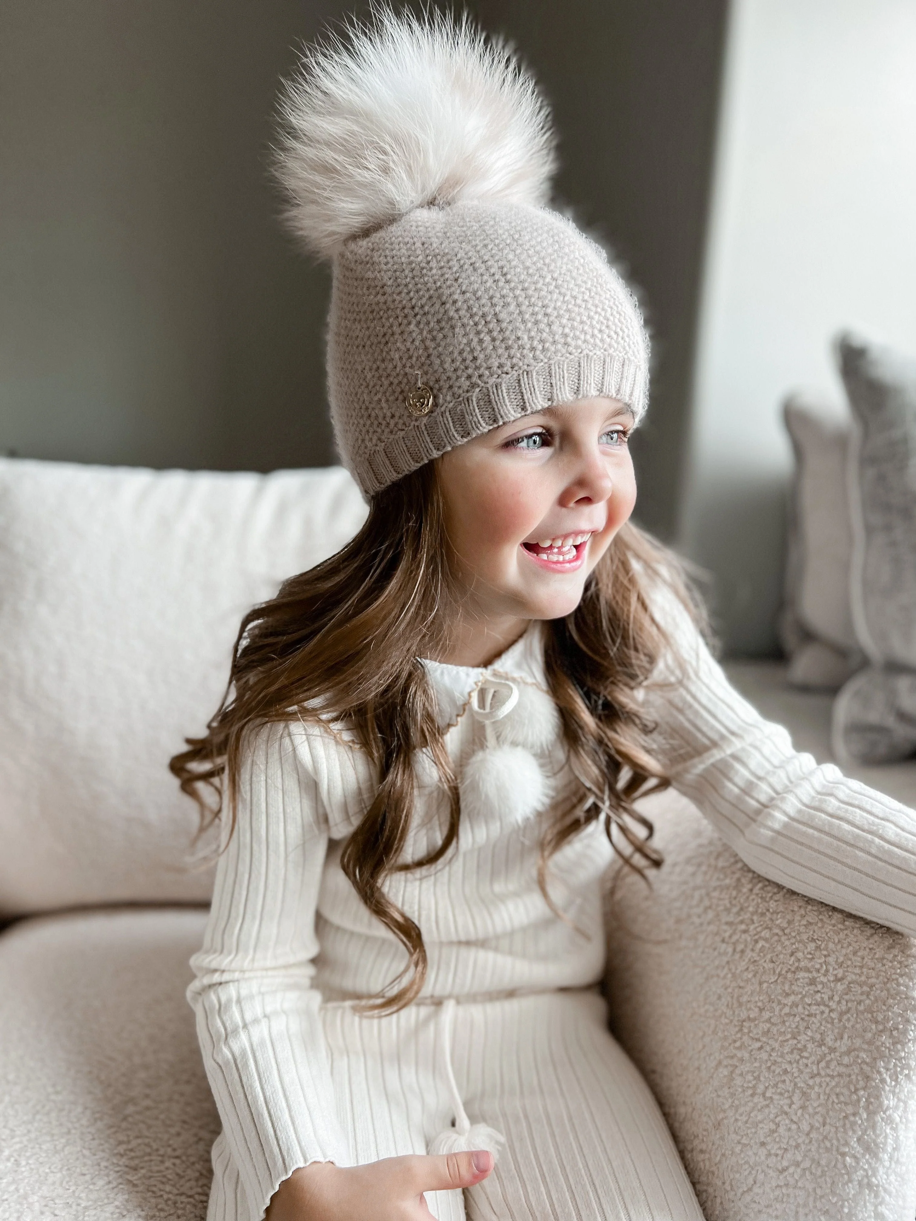 Honeycomb Beige Cashmere Beanie with White Print Pom - Image 3