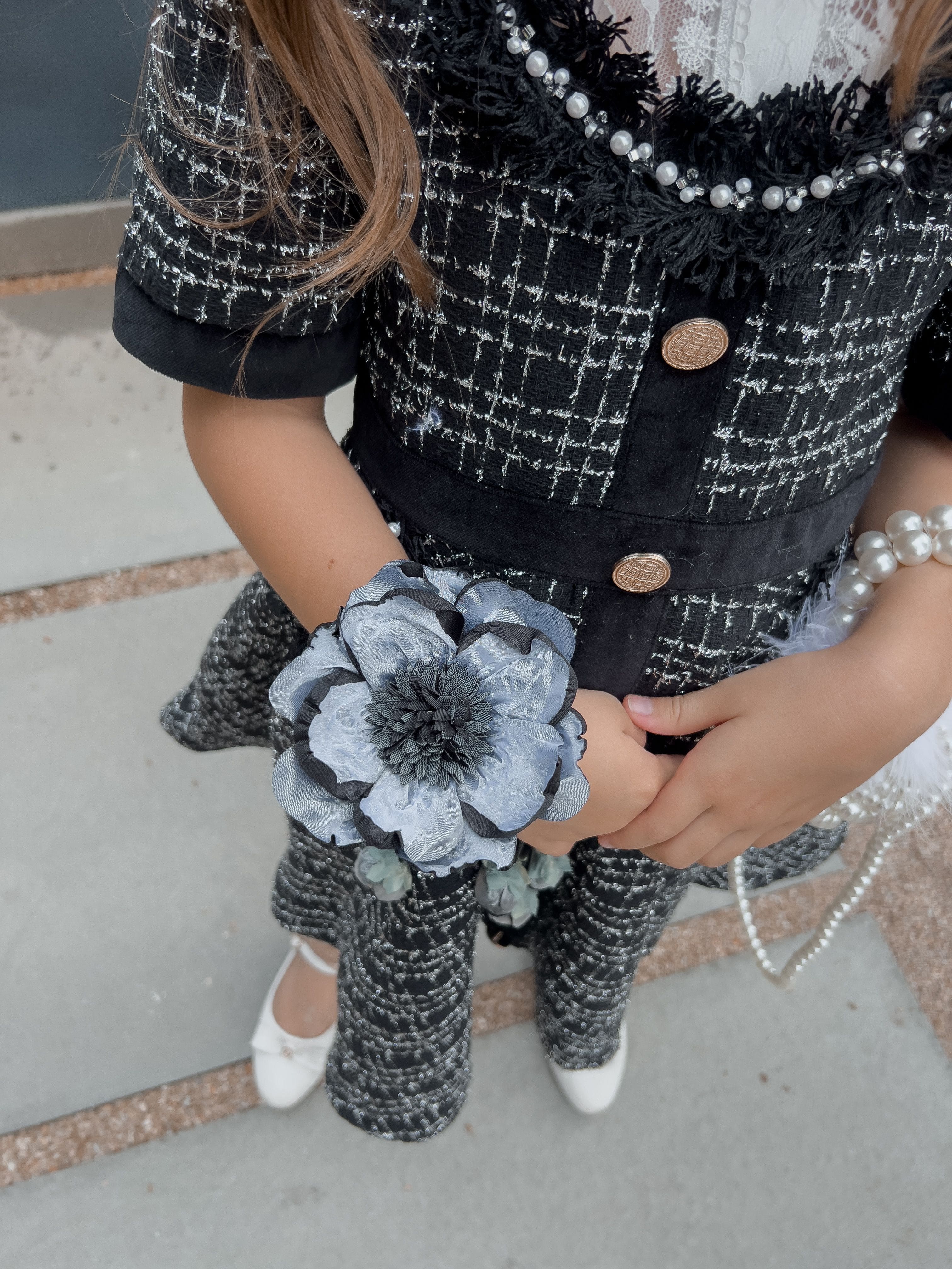 Alex Black Flower Tie With Flower Tassels - Image 2