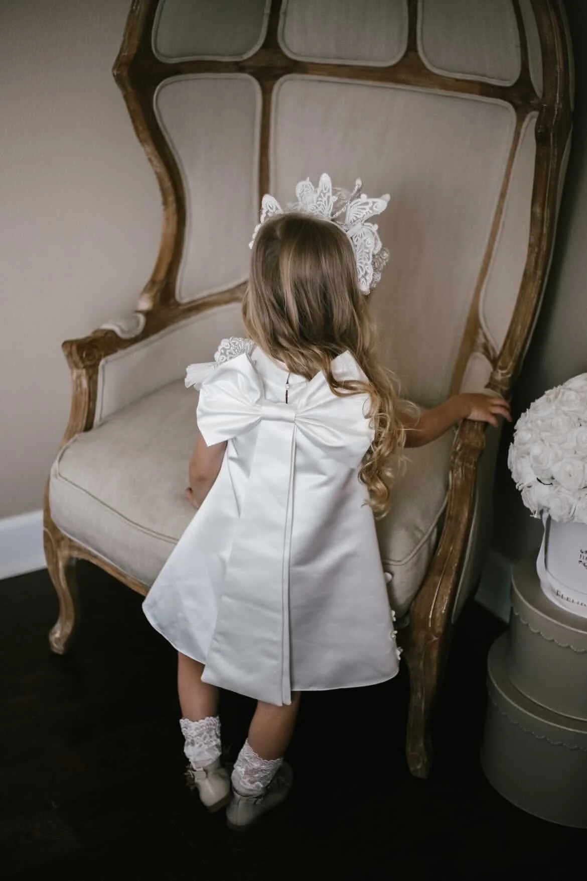 Butterfly White Satin Ceremony Dress - Image 20