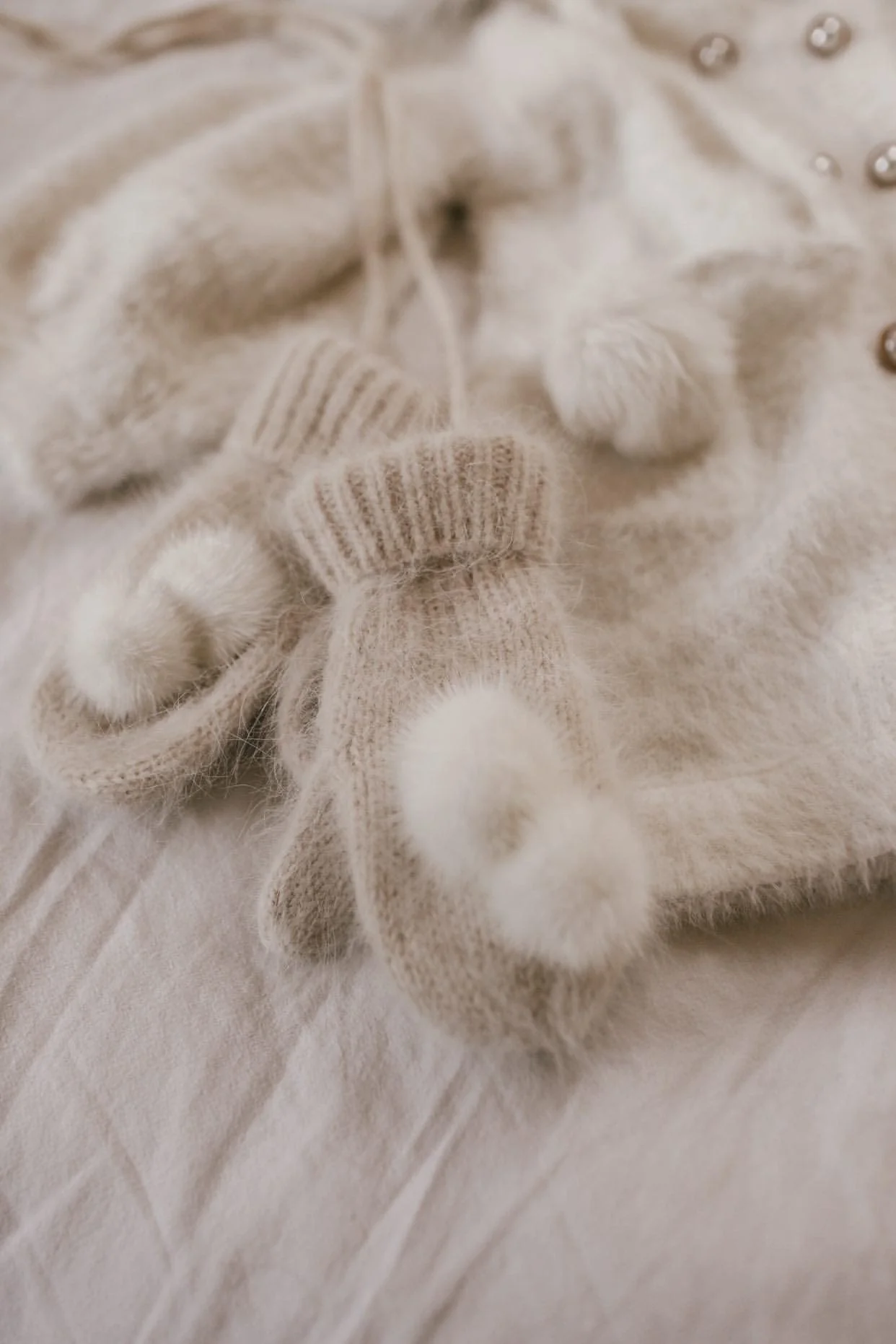 Cashmere Cream Mittens with Poms - Image 3