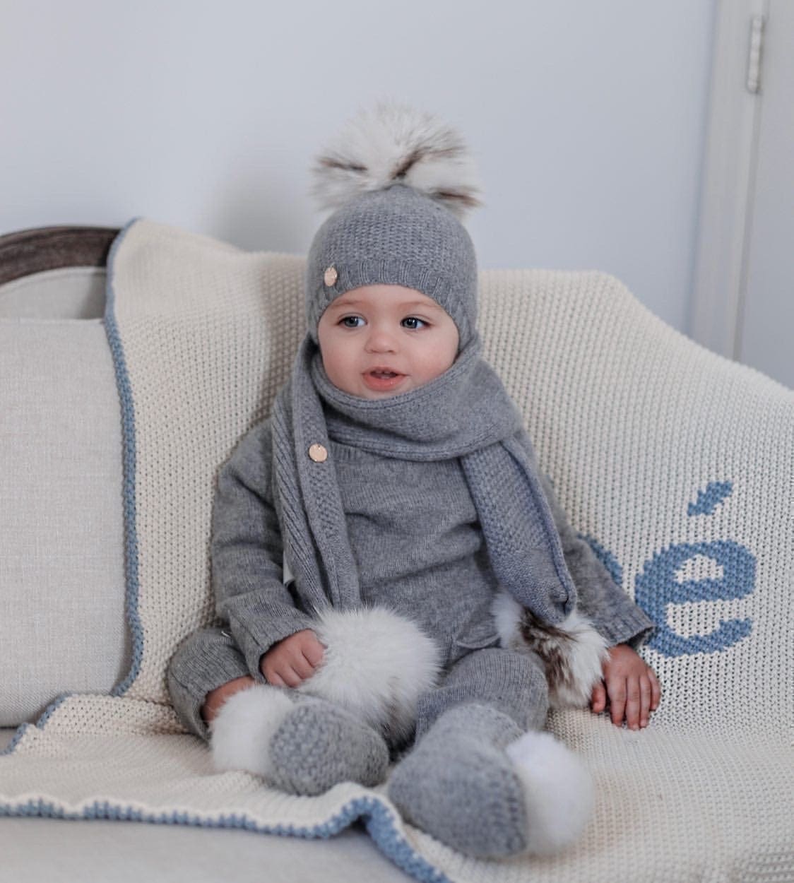 Honeycomb Grey Cashmere Pom Scarf - Image 15