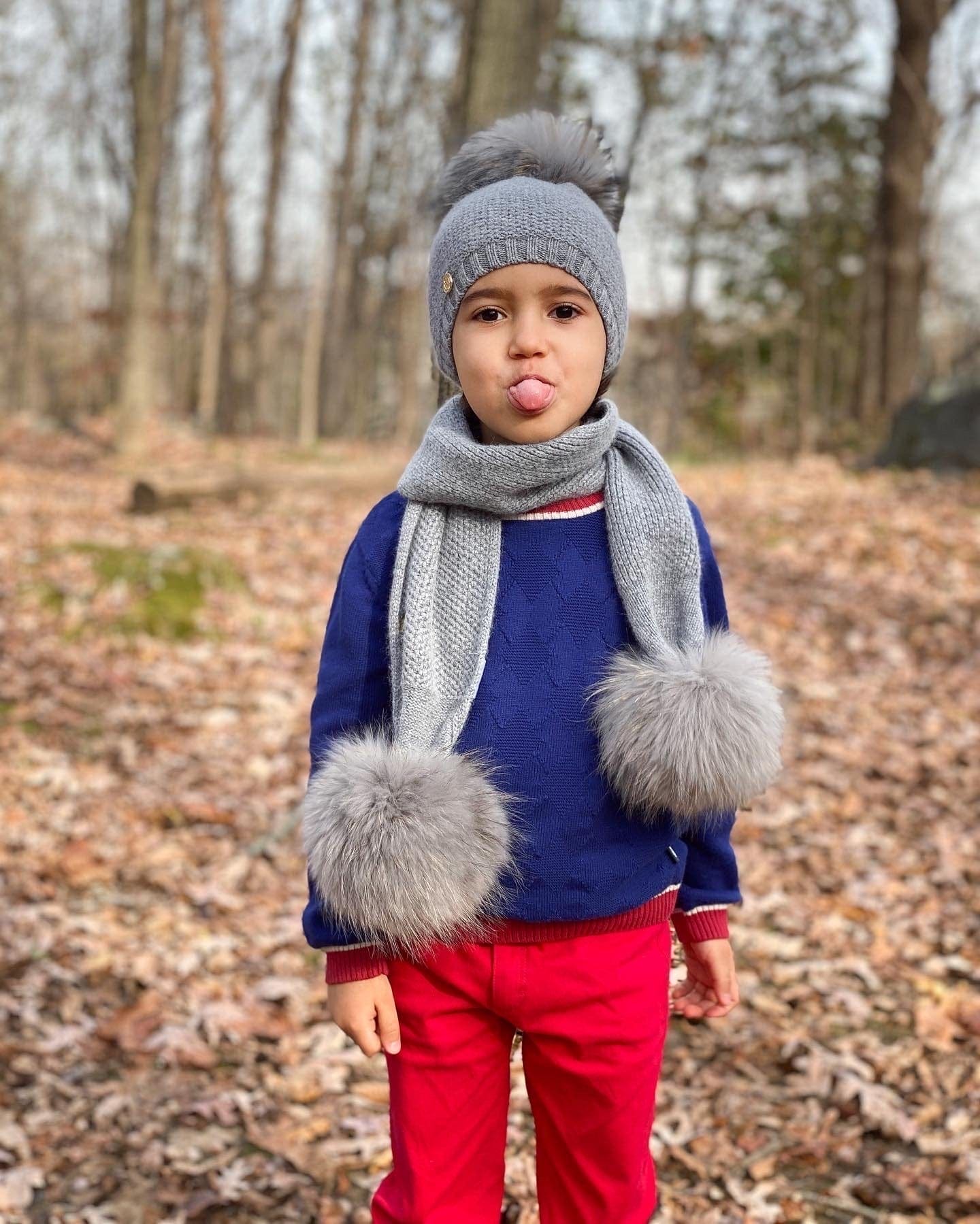 Honeycomb Grey Cashmere Pom Scarf - Image 16