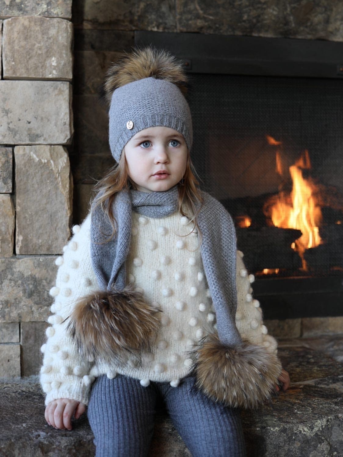 Honeycomb Grey Cashmere Pom Scarf - Image 9