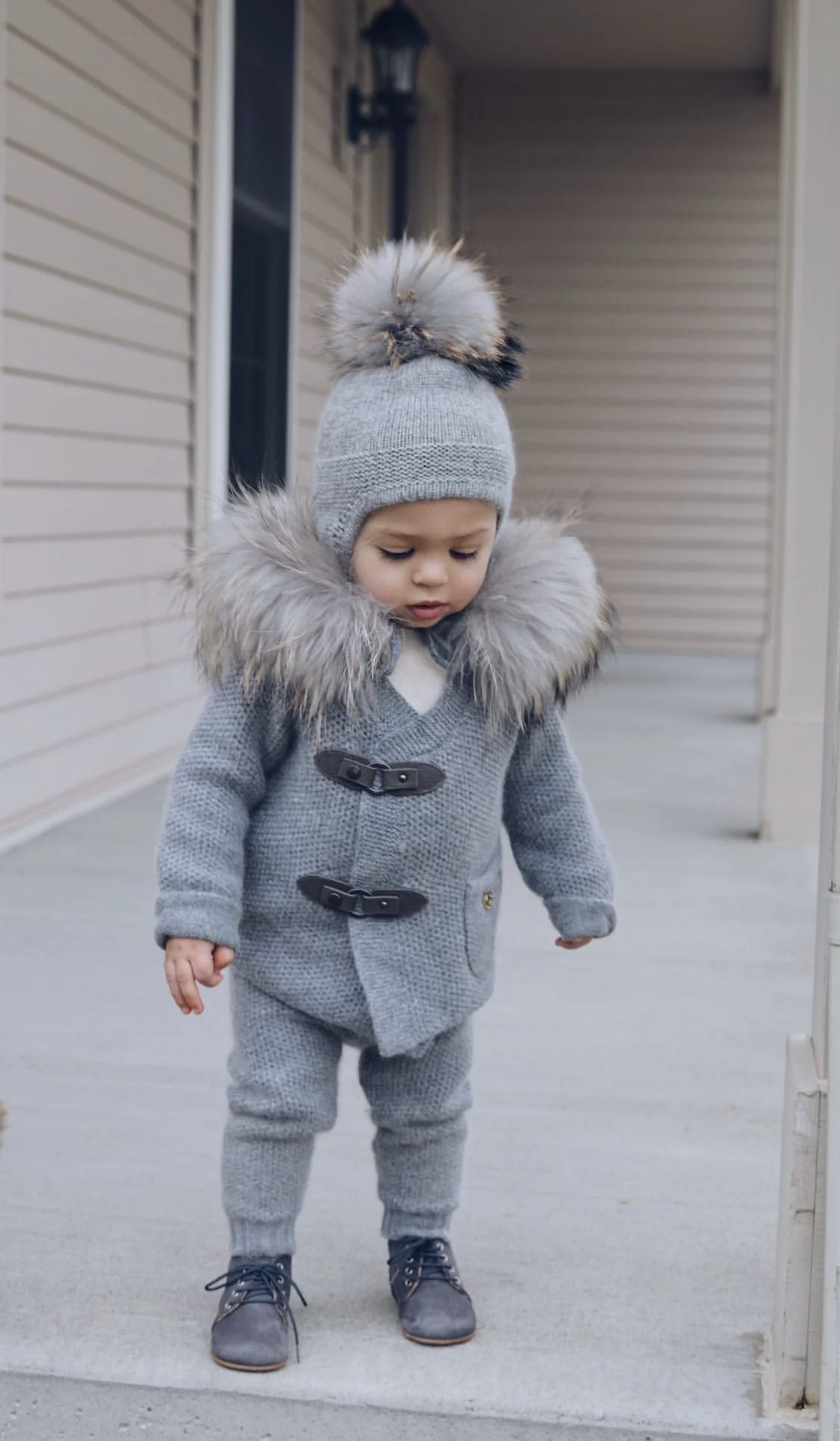 Honeycomb Grey Cashmere Pram Coat with Grey Trim - Image 14