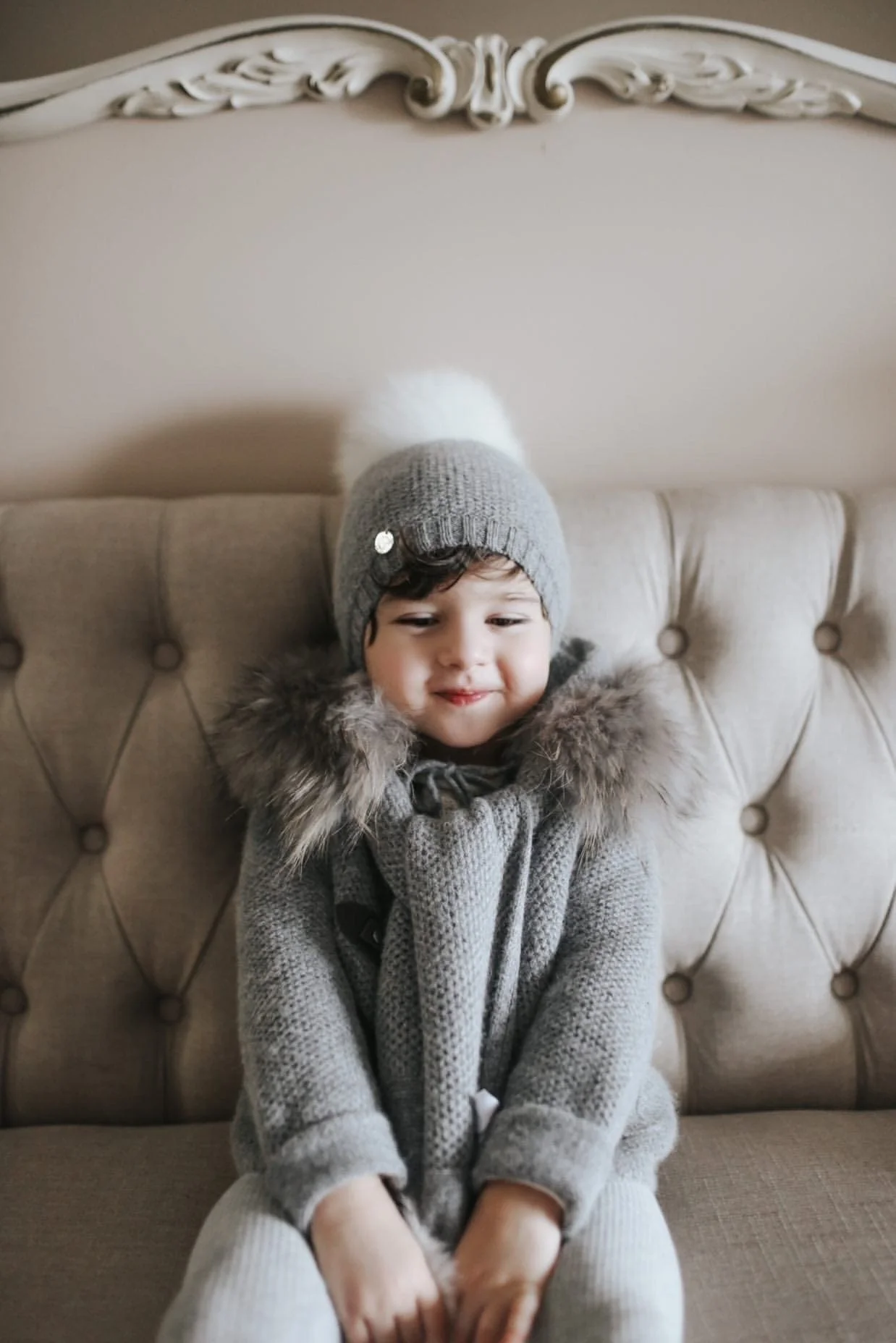 Honeycomb Grey Cashmere Pram Coat with Grey Trim - Image 3