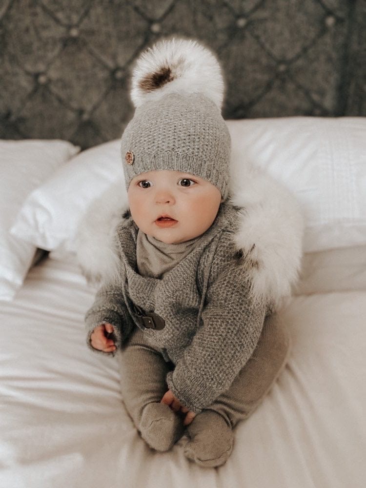Honeycomb Grey Cashmere Pram Coat with White Print Trim - Image 10
