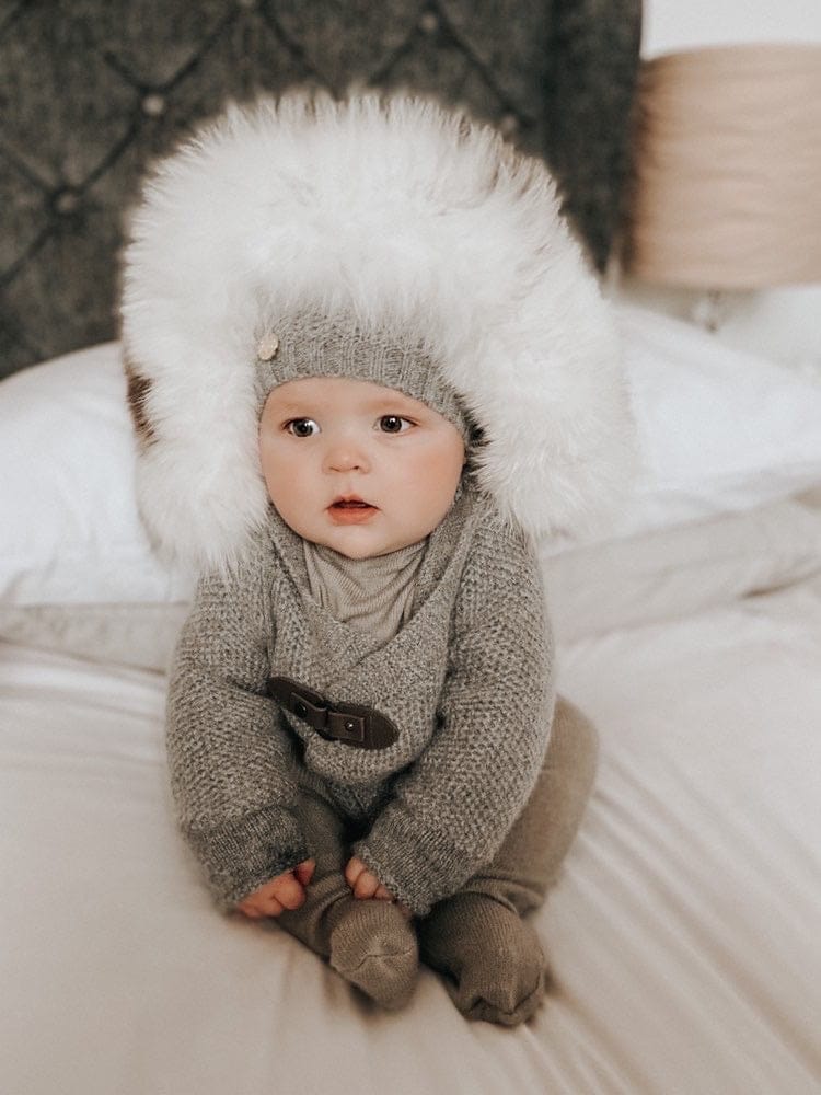 Honeycomb Grey Cashmere Pram Coat with White Print Trim - Image 11