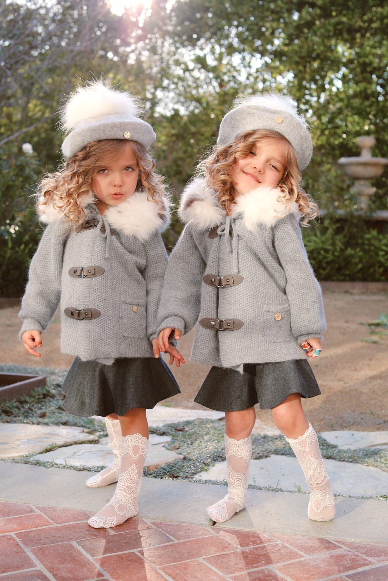 Honeycomb Grey Cashmere Pram Coat with White Print Trim - Image 3