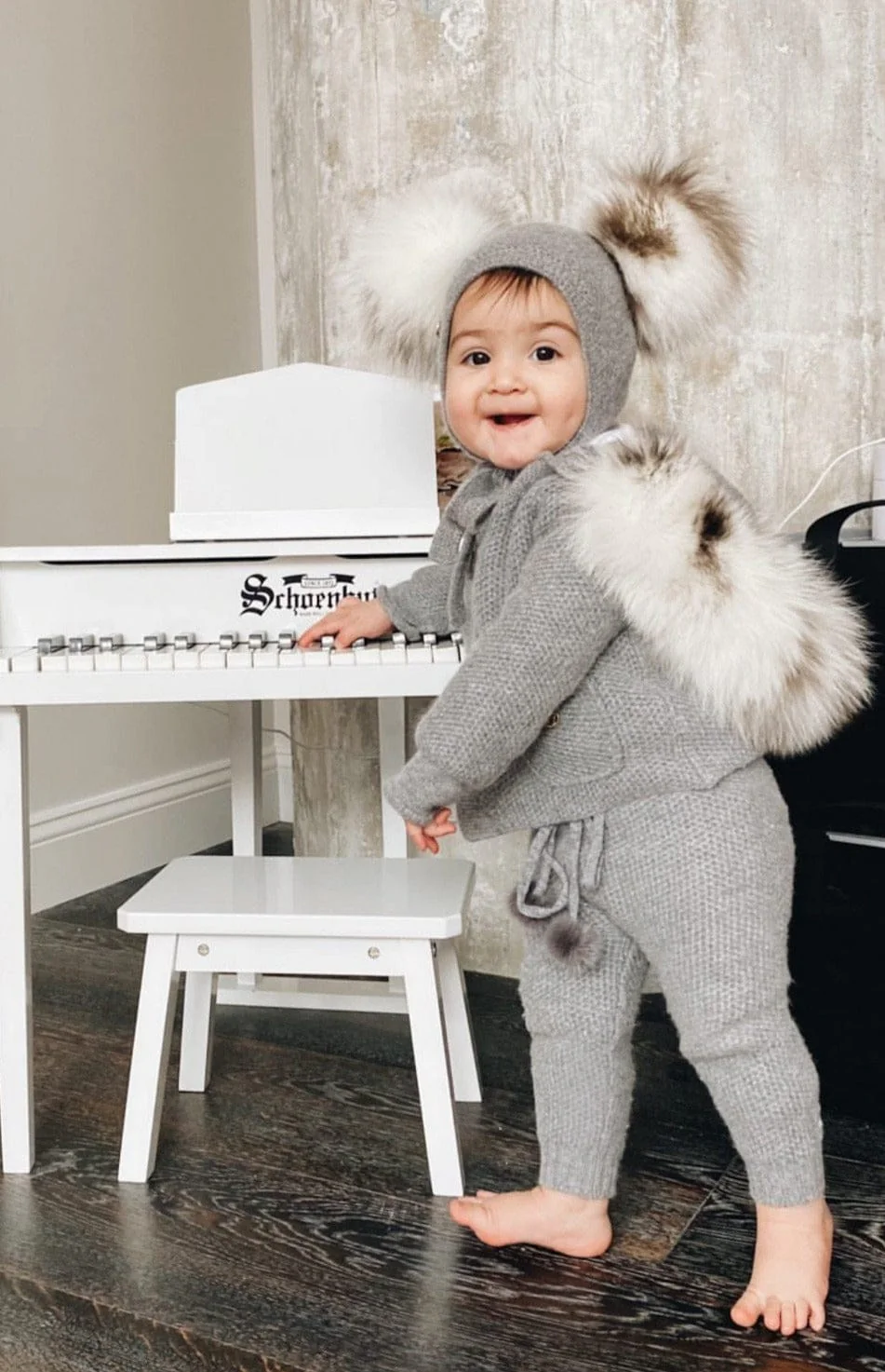 Honeycomb Grey Cashmere Pram Coat with White Print Trim - Image 5