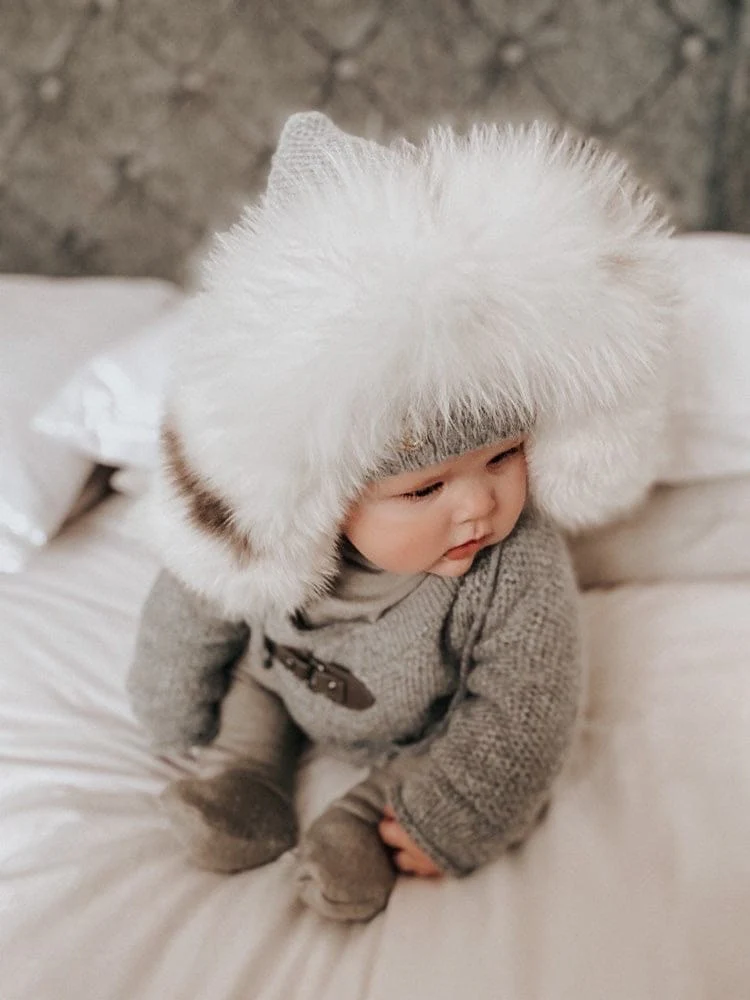 Honeycomb Grey Cashmere Pram Coat with White Print Trim - Image 6