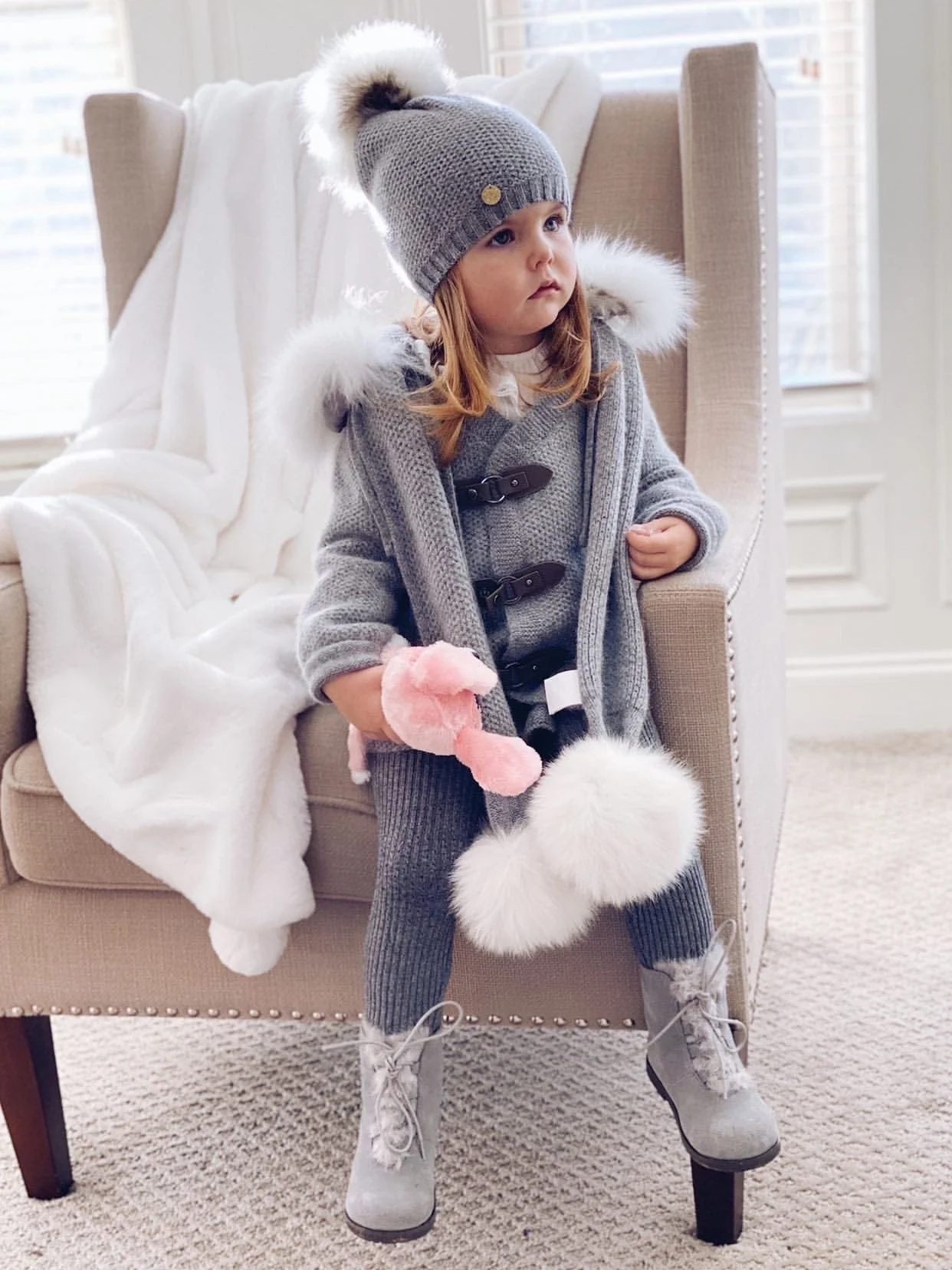Honeycomb Grey Cashmere Pram Coat with White Print Trim - Image 8