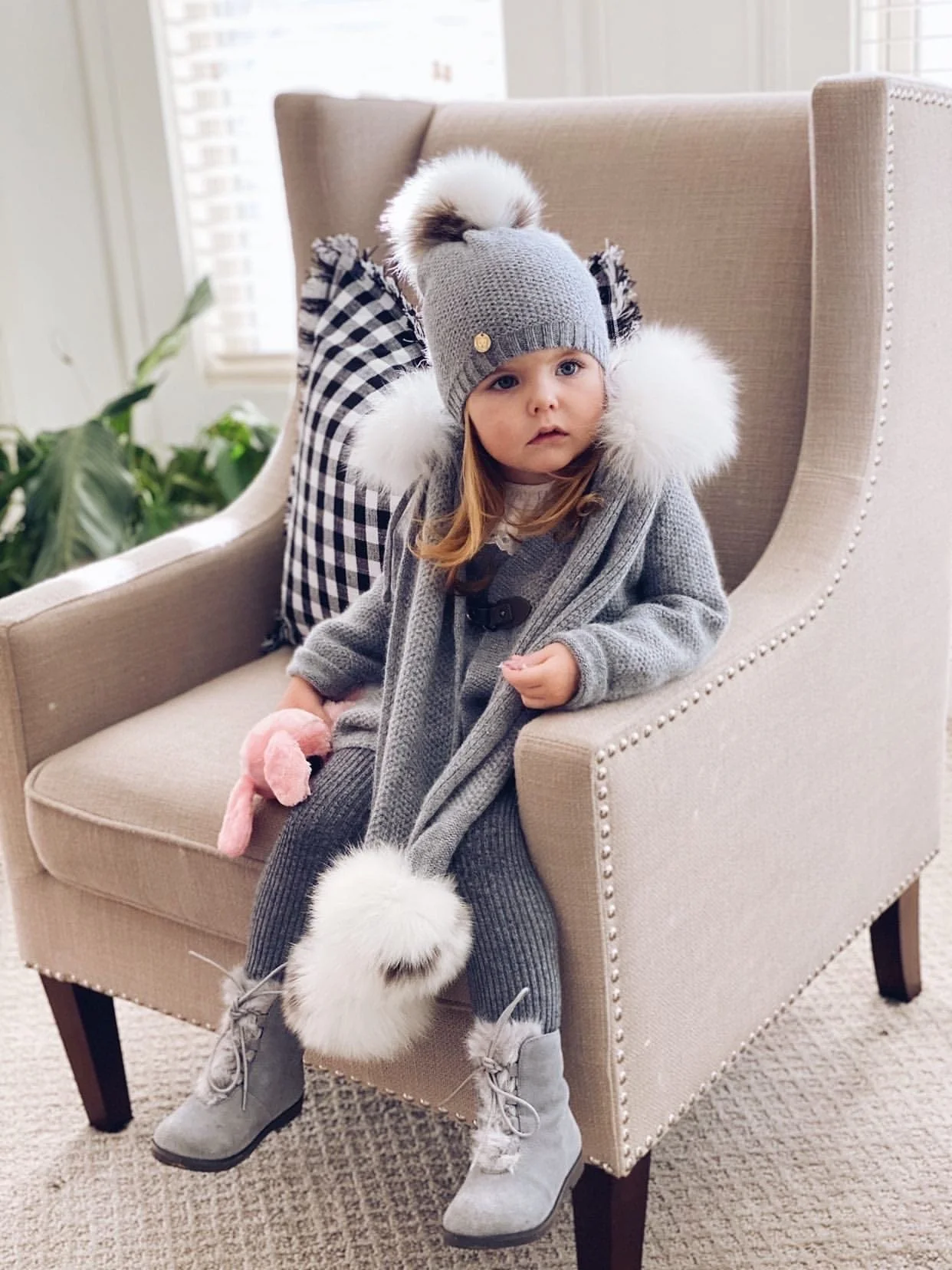 Honeycomb Grey Cashmere Pram Coat with White Print Trim - Image 9