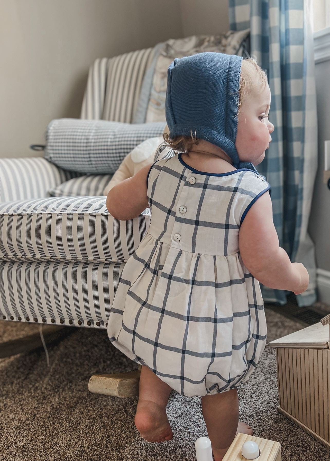 Checkered Linen Baby Boy Romper - Image 2