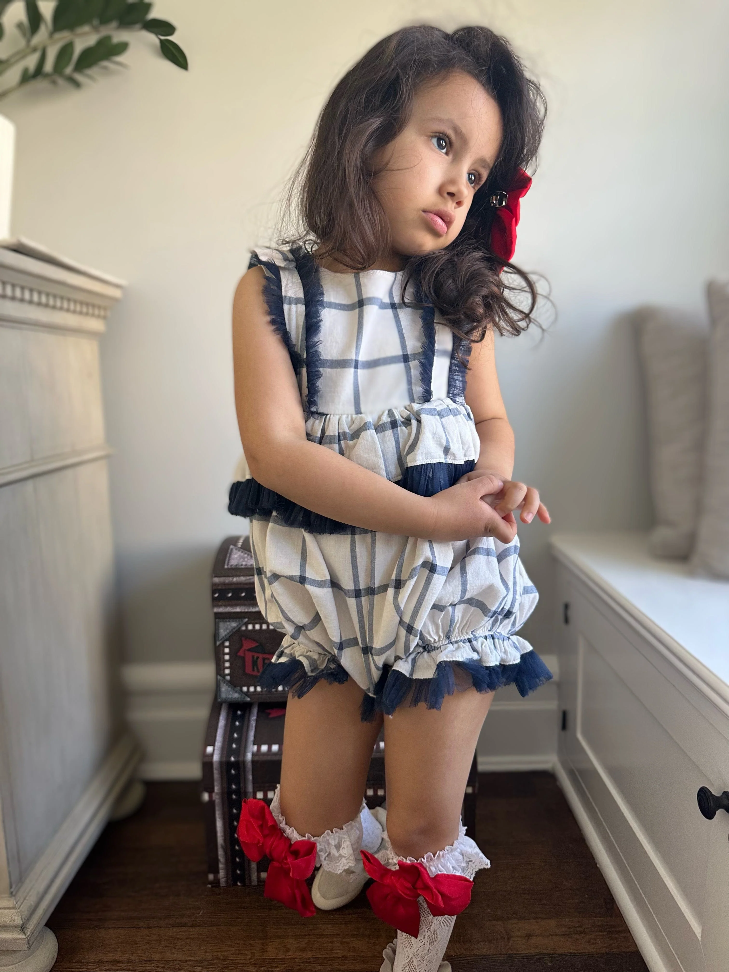 Checkered Linen Ruffle Romper - Image 4
