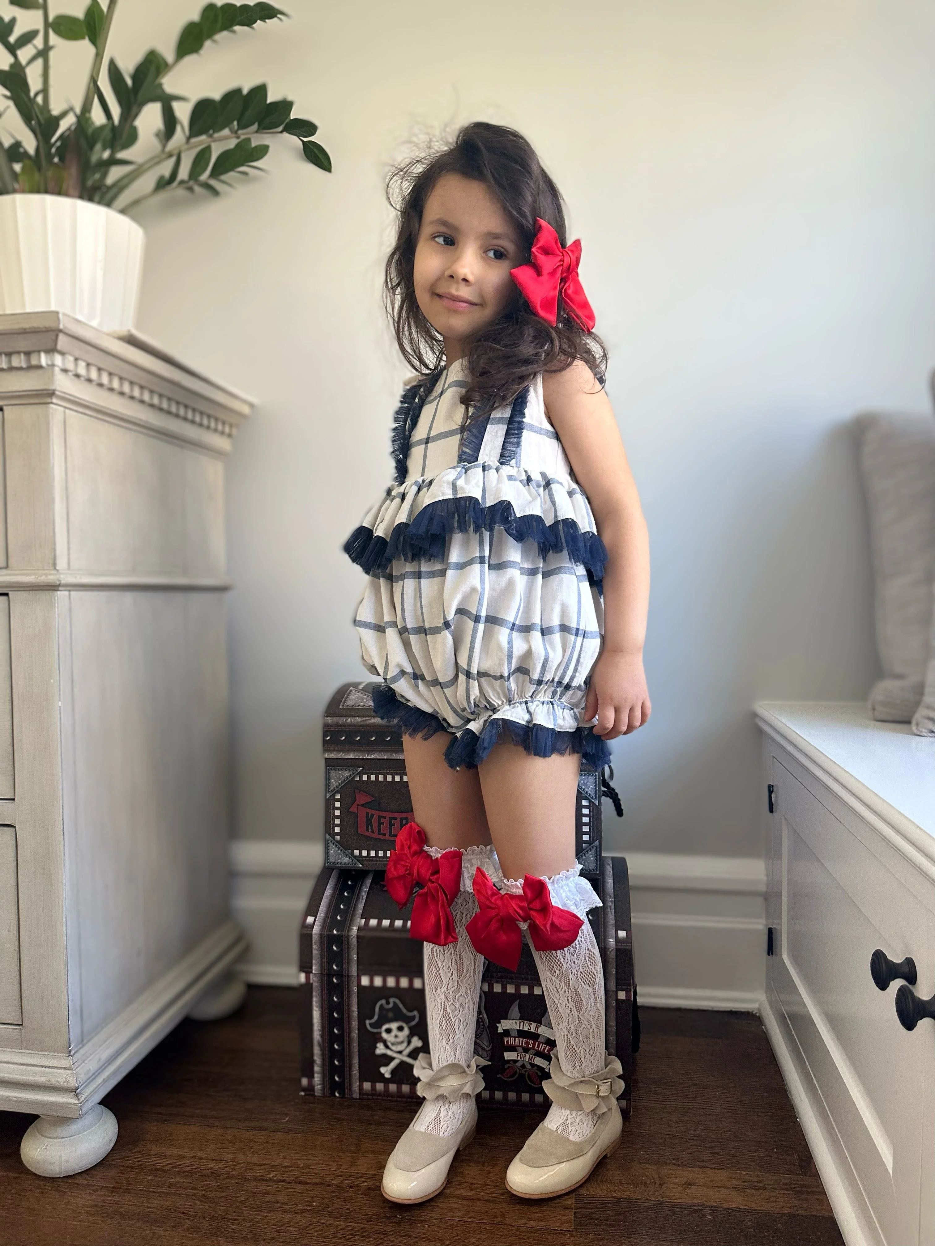 Checkered Linen Ruffle Romper - Image 5